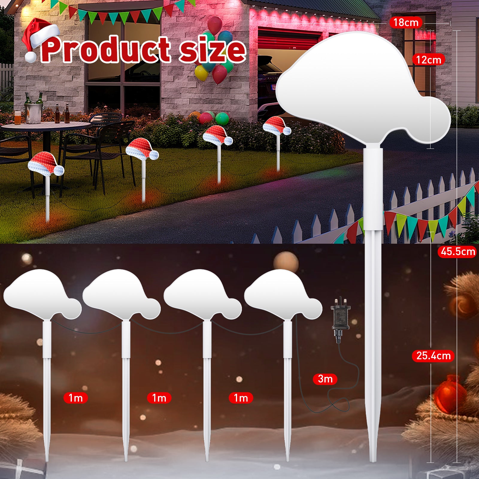 Quntis 1 Pack（4Pcs）Outdoor 3D Mirror Santa Hat Stake Lights – LED Christmas Decorations for Lawn & Walkway