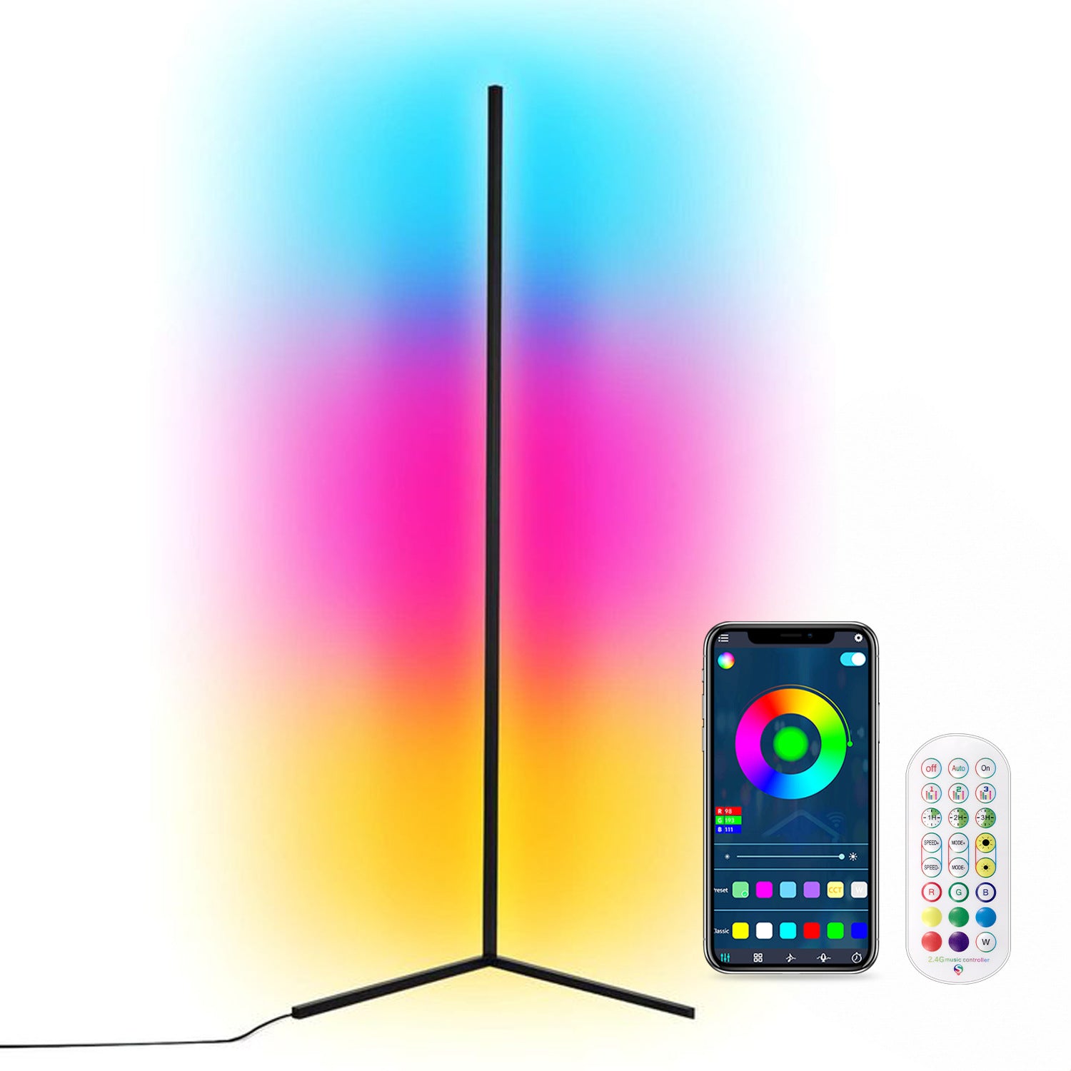 Угловая напольная лампа, RGB цветная изменяющаяся настроечная лампа с дистанционным управлением, диммируемая светодиодная угловая лампа с синхронизацией музыки, современная напольная лампа для гостиной и игровой комнаты