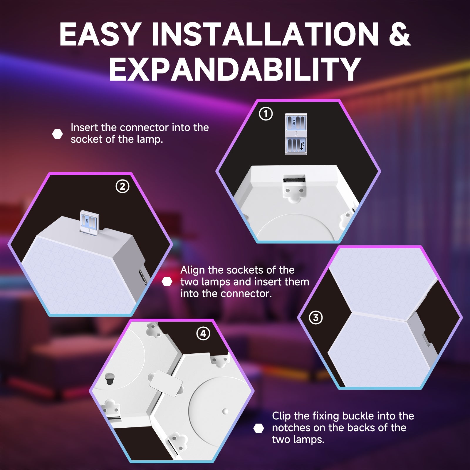 Panneaux lumineux hexagonaux, lumières LED hexagonales RGB synchronisées avec la musique, lumières de jeu avec application et télécommande pour la décoration intérieure de jeu.