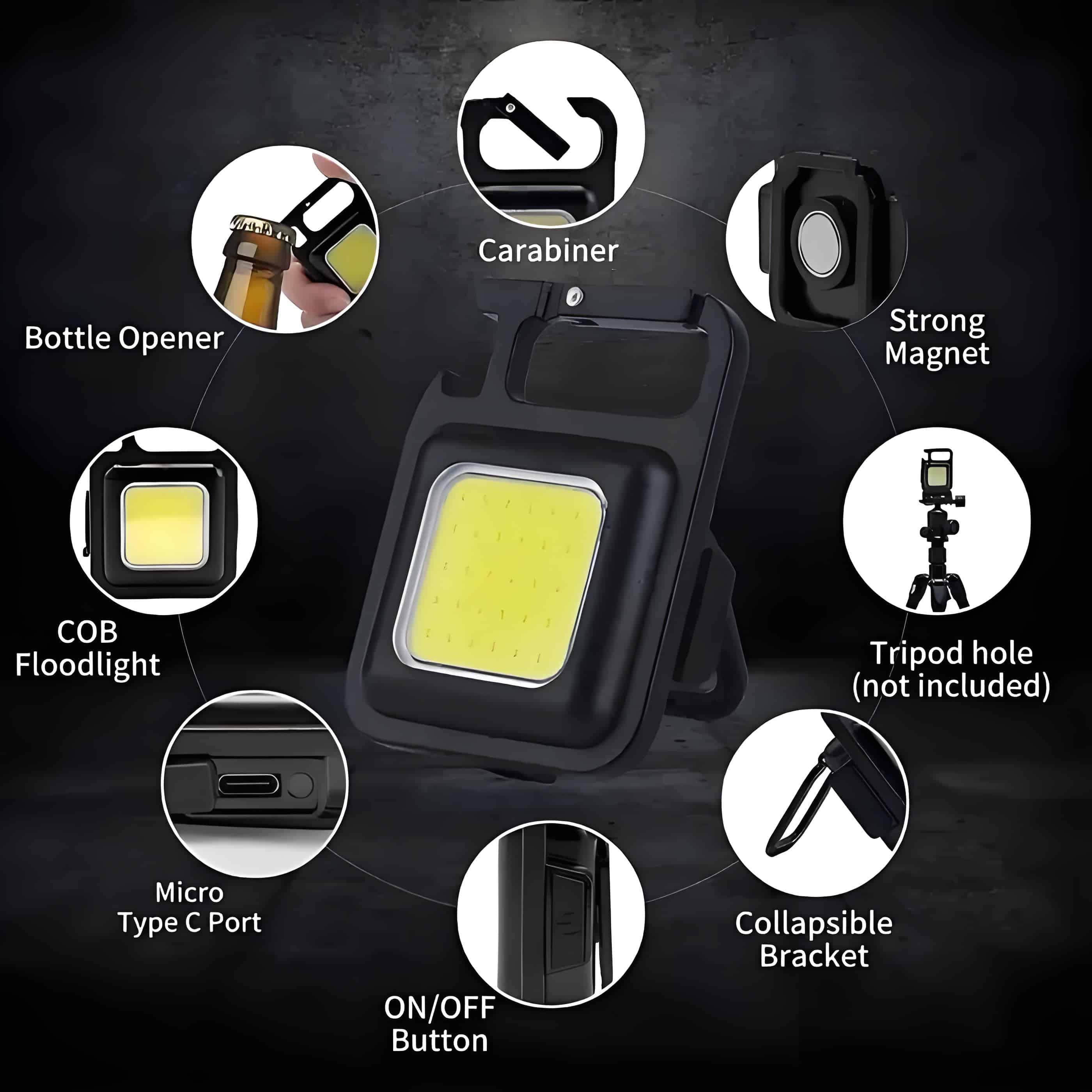 Prime Day Sale LED Mini Flashlight Portable 500LM Pocket Light USB key Chain Light Highlight COB, 4 light modes, folding stand bottle opener and magnet Fishing Walk Camping