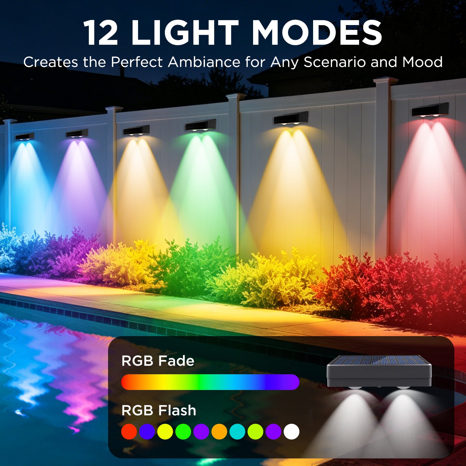 Quntis Solar Fence Lights, 12 RGBCW Color Changing Modes with Memory Function, IP44 Waterproof Outdoor Lighting for Garden, Deck, and Patio (2/4/6/8 Pack)