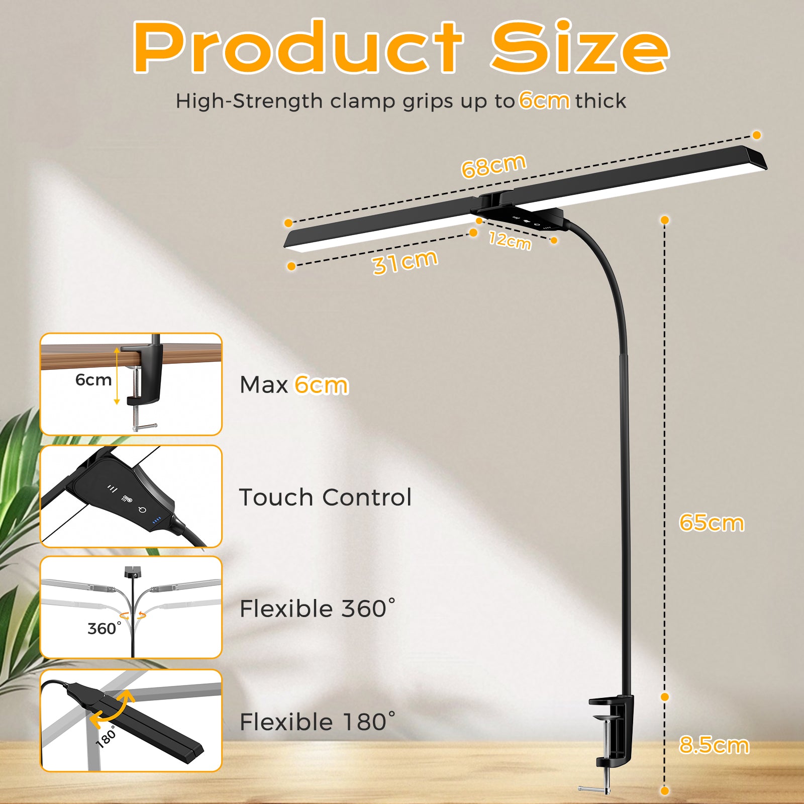 Dual-Head Eye-Caring Desk Lamp, No Blue Light, USB Powered, Dimmable LED Clamp Light for Reading, Study & Office, Soft Light That Won’t Hurt Eyes
