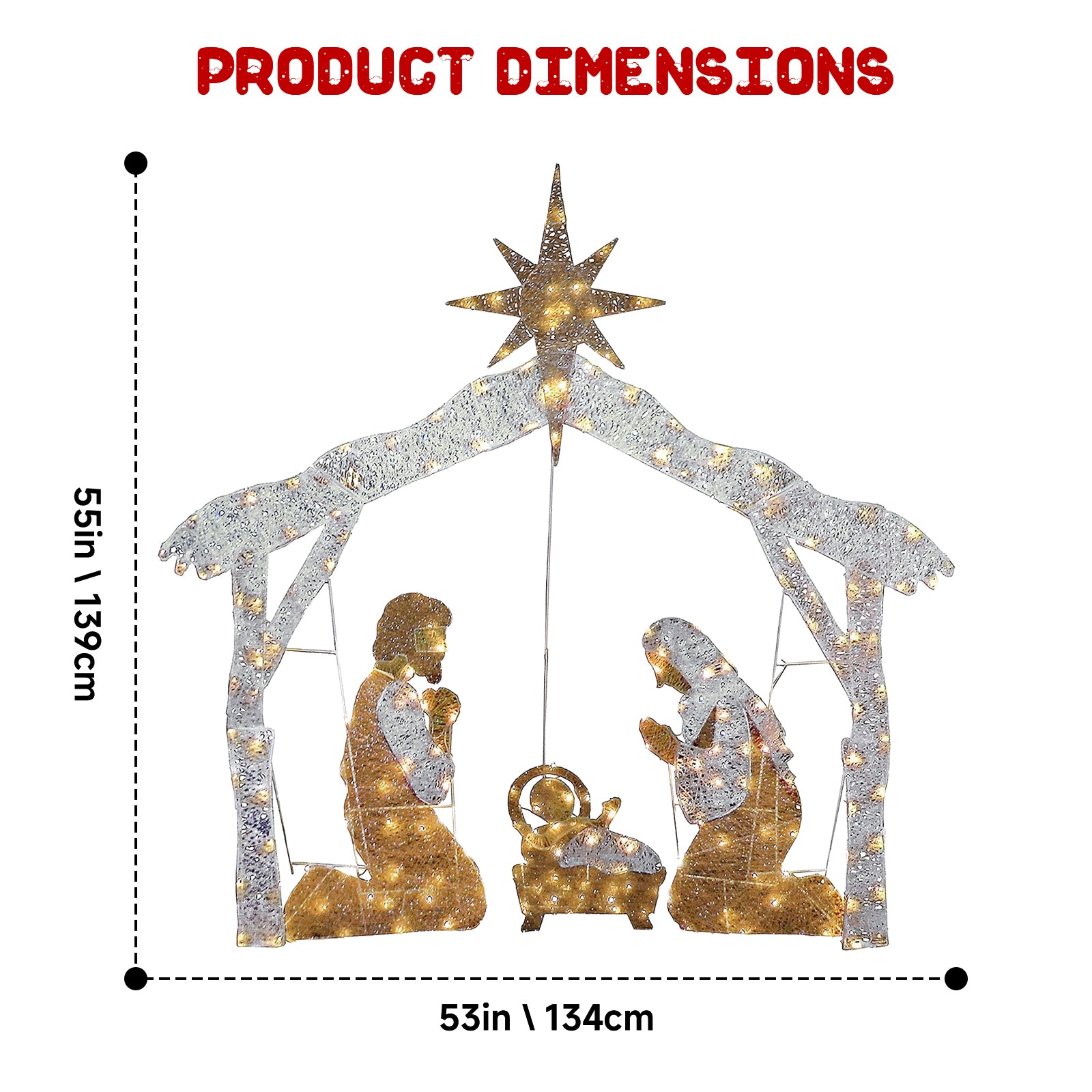 زينة فناء عائلة المسيح المقدسة لعيد الميلاد، تشمل أضواء LED بيضاء صغيرة مسبقة التوصيل وأوتاد أرضية. توصيات ضرورية لأضواء عيد الميلاد.