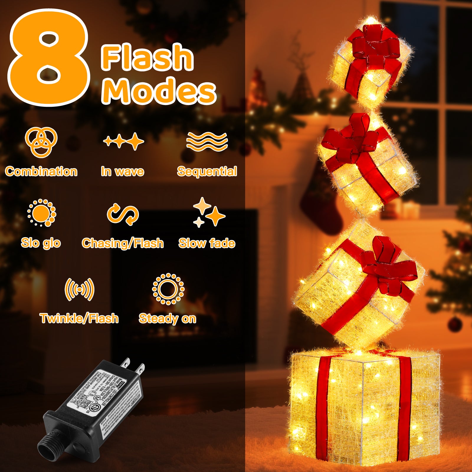 Quntis LED Christmas Gift Box Set 4 Piece Warm White Lights Stacked Present Boxes with 8 Lighting Modes for Holiday Decor