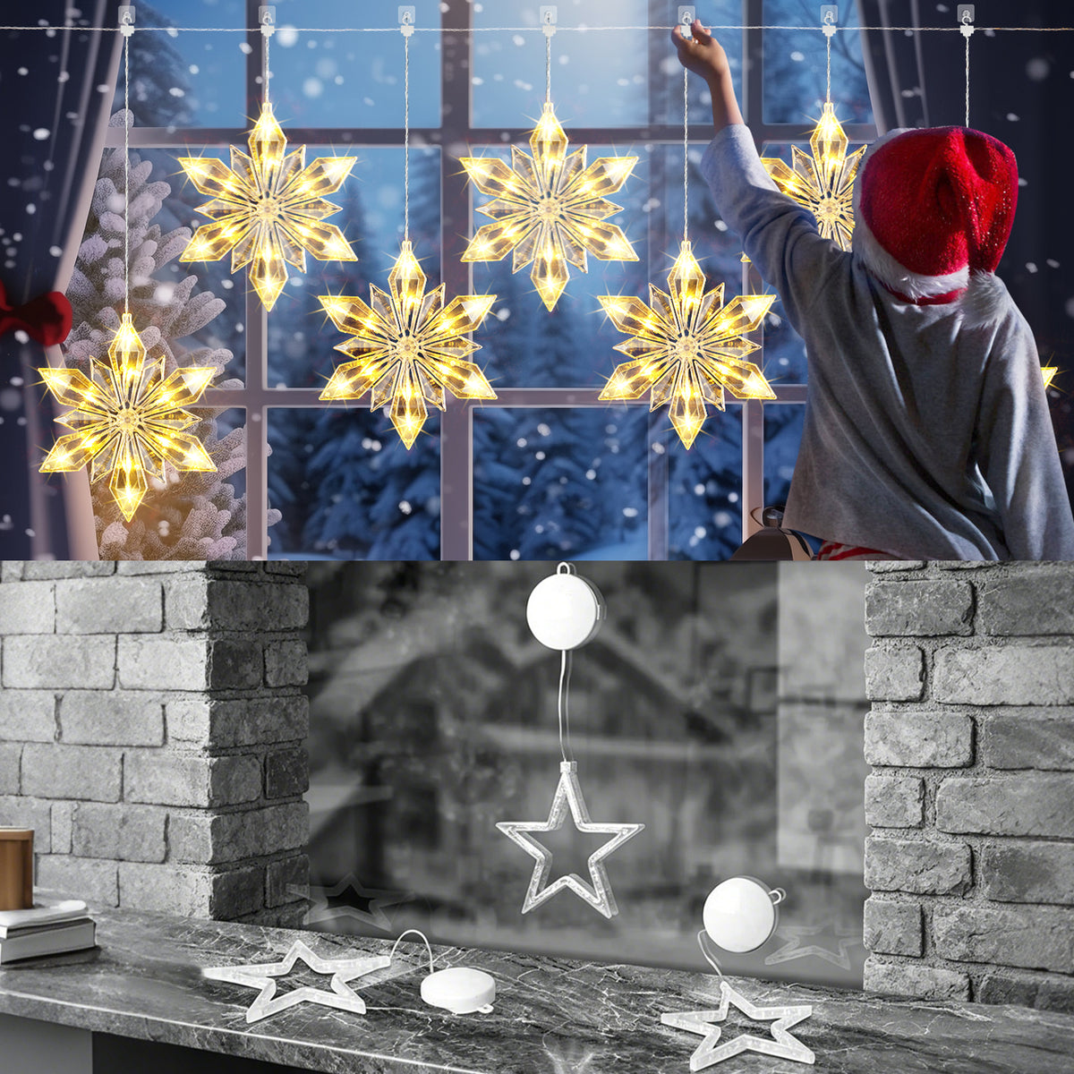 Quntis, guirlande lumineuse de fenêtre en forme de flocons de neige en cristal, 7 pièces, 84 LED blanc chaud à piles