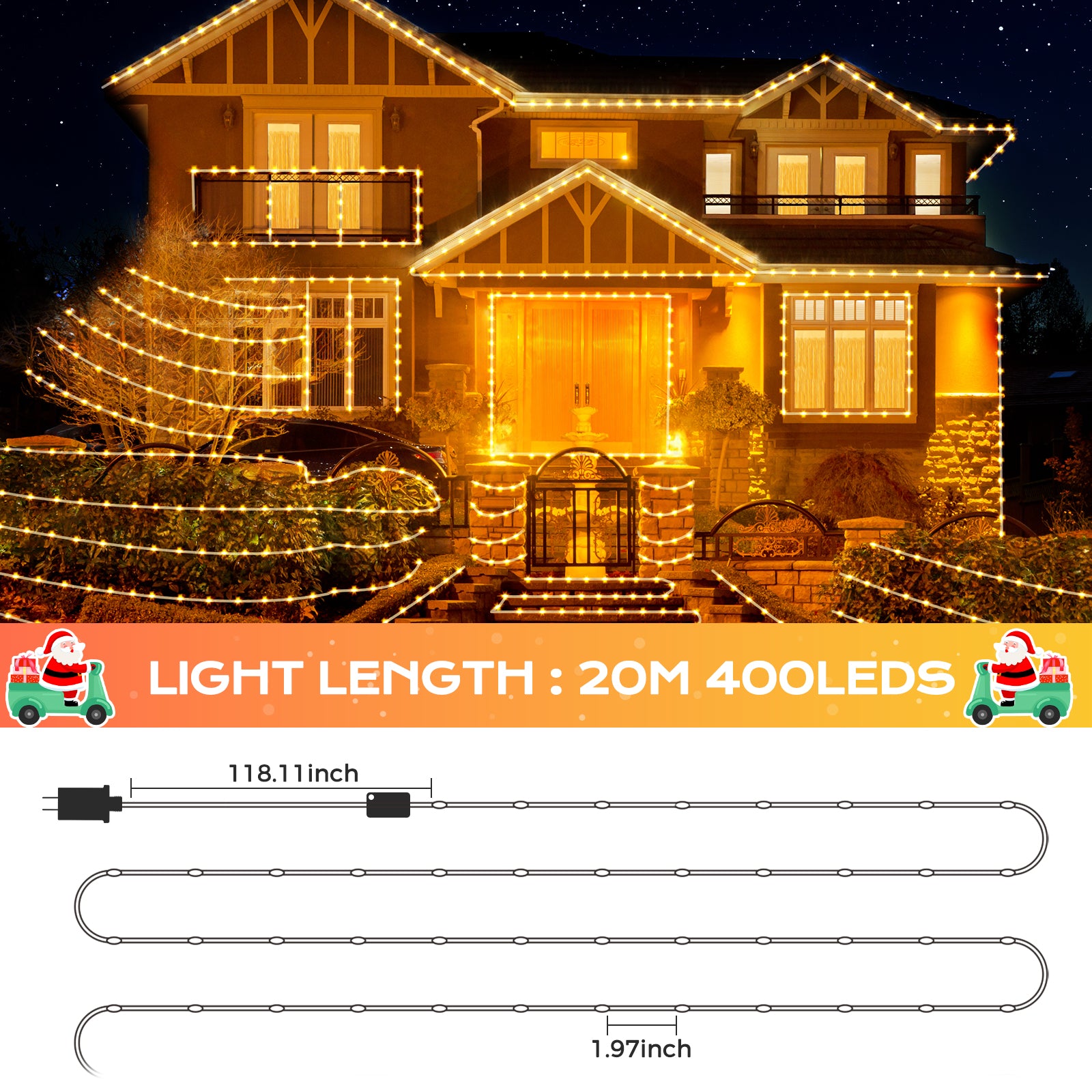 Quntis Christmas Chasing Rope Lights, 20M/65ft 400 LEDs Warm White Rope Lights, IP65 Waterproof LED Tube Light with 9 Modes, Mains Powered Christmas Lights for Xmas Tree, Garden & Outdoor Décor