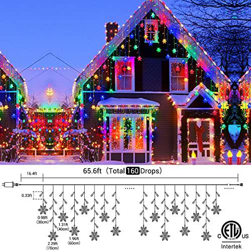 65.6FT 800 LED Snowflake Christmas Icicle, Outdoor Indoor Lights with 160 Drops, Remote Control & 11 Modes Curtain Fairy Light - quntis-service
