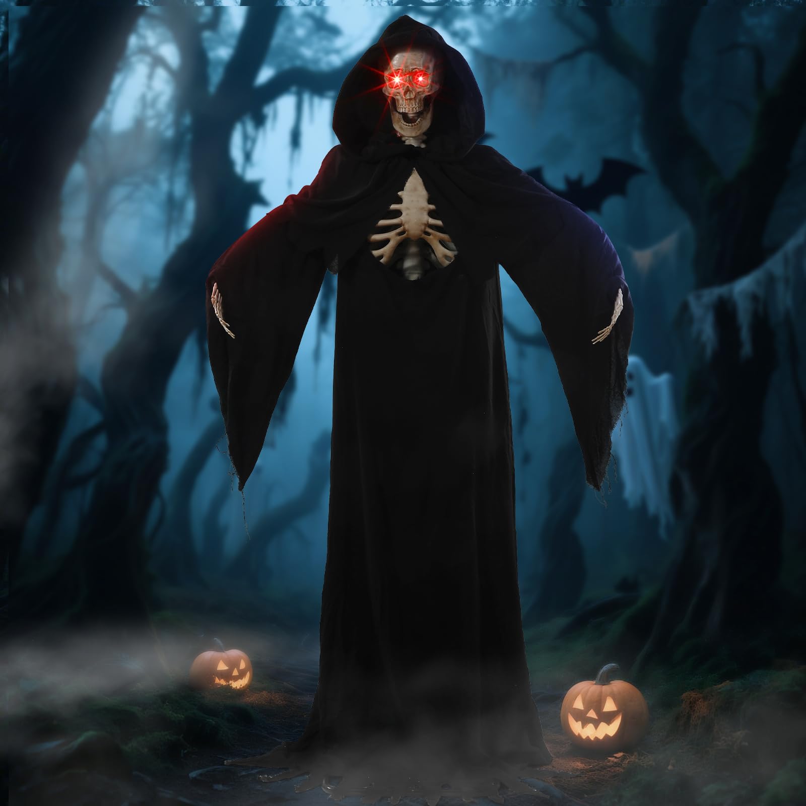 Quntis Halloween Animatronics Decorations Outdoor - 7FT Life Size Animated Grim Reaper, Scary Gaint Skeleton with Sound & Touch Activated, Spooky Sound, Lighted Eyes, Graveyard Yard Party Haunted Prop