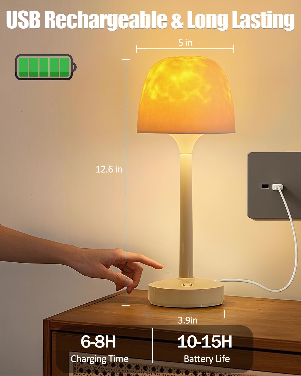 RGB Ocean Wave Projector Table Lamp, USB Rechargeable Cordless Night Light with Remote Control, Dimmable Touch Desk Lamp for Bedroom, Living Room, Kids Room