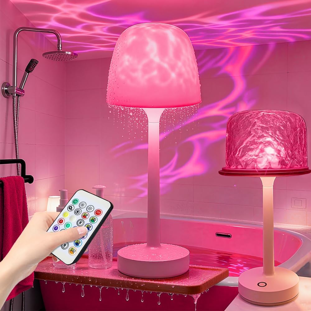 RGB Ocean Wave Projector Table Lamp, USB Rechargeable Cordless Night Light with Remote Control, Dimmable Touch Desk Lamp for Bedroom, Living Room, Kids Room