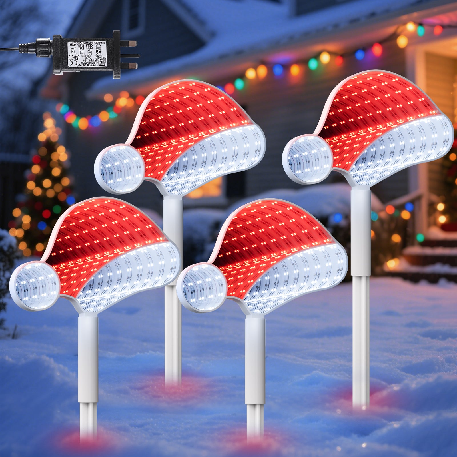 Quntis 1 Pack（4Pcs）Outdoor 3D Mirror Santa Hat Stake Lights – LED Christmas Decorations for Lawn & Walkway