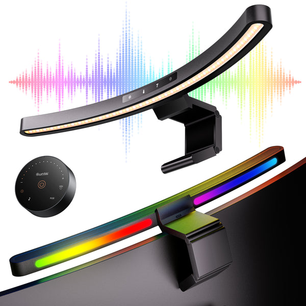 Quntis gebogene Monitor-Lichtleiste IM Music Sync, 45 cm (17.7 inch), Schwarz, kabellose Doppelsteuerung mit 13 RGB-Hintergrundbeleuchtungsmodi, einstellbarer Farbtemperatur und Helligkeit, augenschonende blendfreie Leuchte für immersives Gaming und Büro