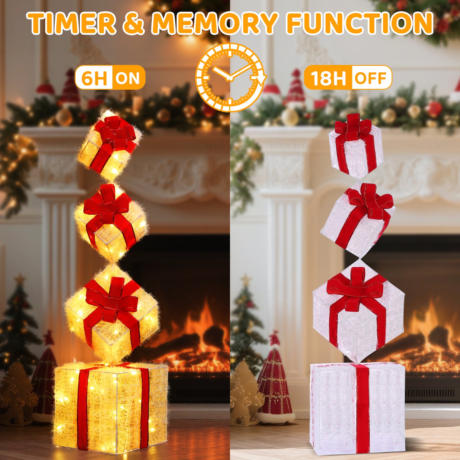 Quntis LED Christmas Gift Box Set 4 Piece Warm White Lights Stacked Present Boxes with 8 Lighting Modes for Holiday Decor