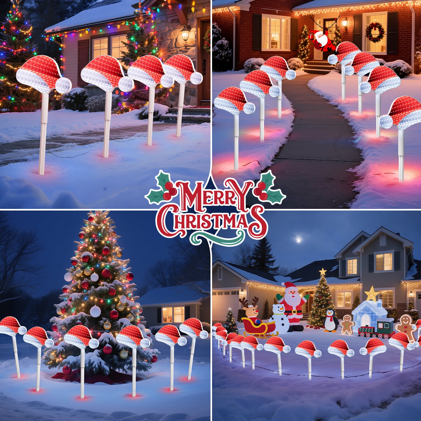 Quntis 1 Pack（4Pcs）Outdoor 3D Mirror Santa Hat Stake Lights – LED Christmas Decorations for Lawn & Walkway
