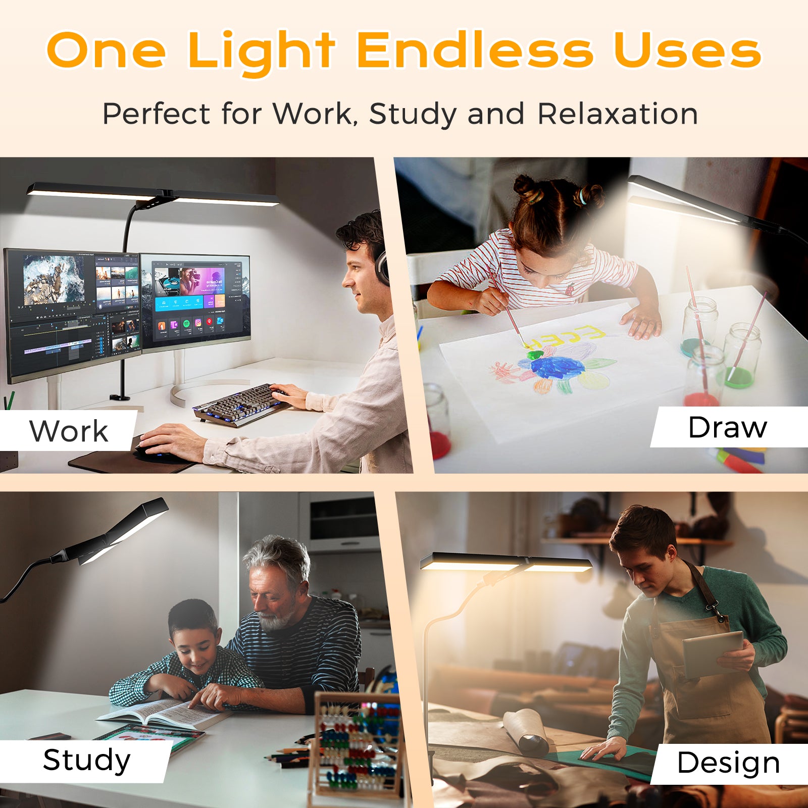 Dual-Head Eye-Caring Desk Lamp, No Blue Light, USB Powered, Dimmable LED Clamp Light for Reading, Study & Office, Soft Light That Won’t Hurt Eyes