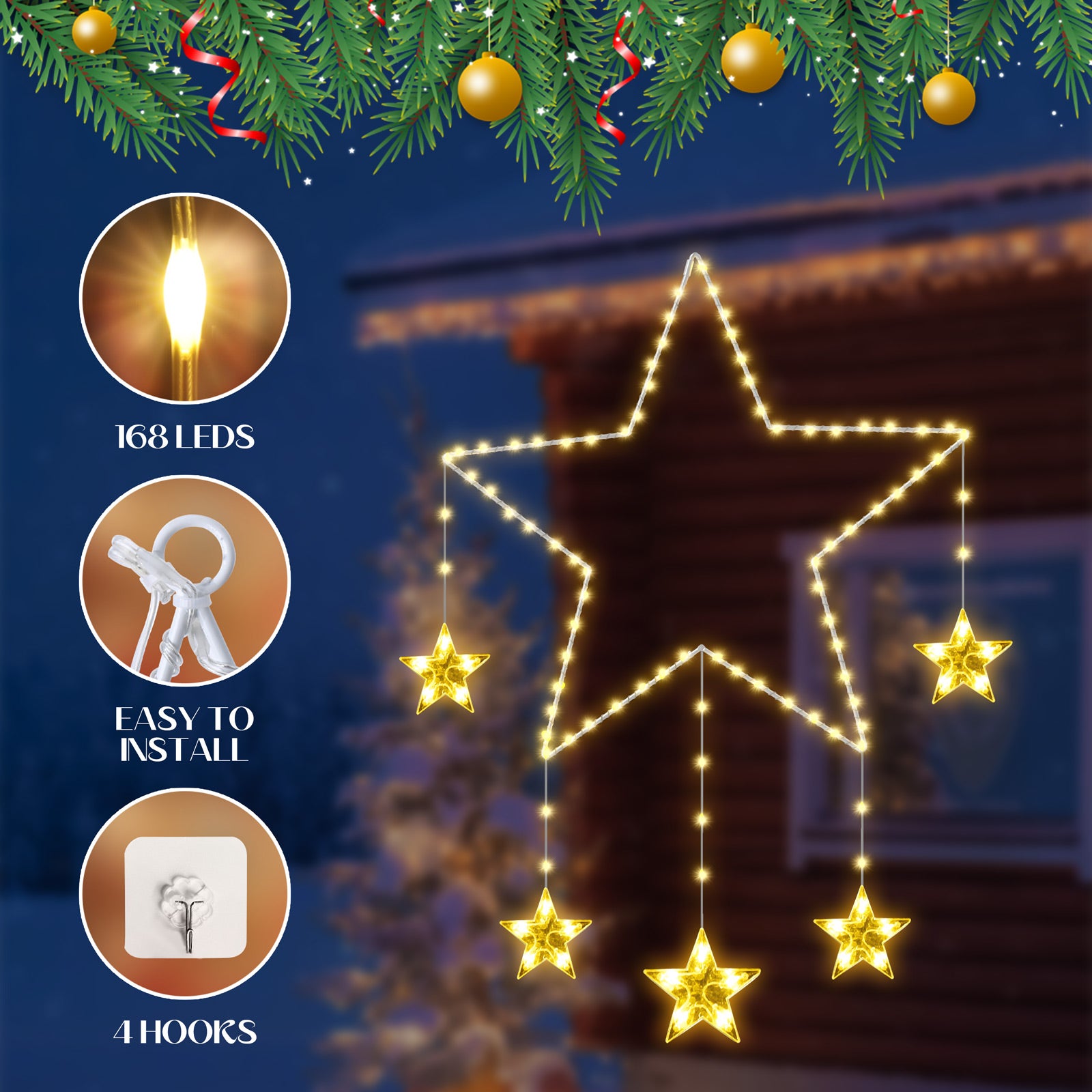 Quntis 2Pcs 37.5" Luces de Ventana de Navidad Grandes, 84LED 12 Estrellas, Luces de Estrella Parpadeantes a Batería con Temporizador, 8 Modos, Decoración Navideña Blanca Cálida