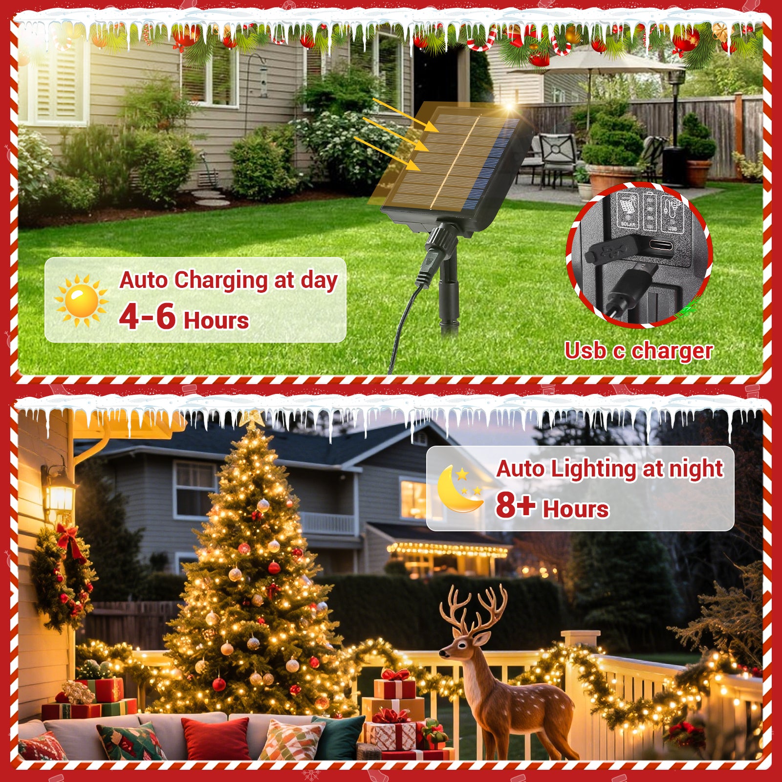 Quntis 40m 300-LEDs Solar Powered Waterproof Outdoor Christmas Fairy Lights – 8 Modes with Warm White Glow for Stunning Outdoor Decor