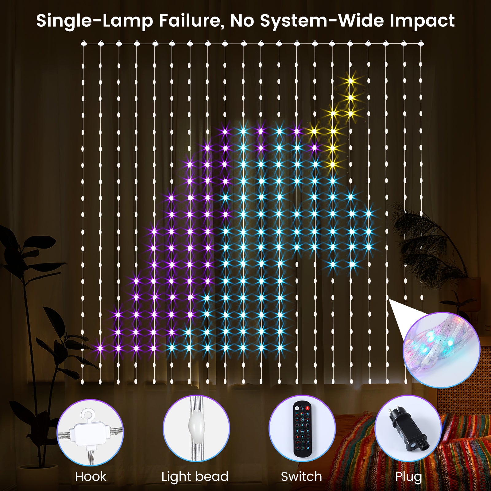 Quntis Smart RGB Curtain Fairy Lights 3x3m, Transparent Wire LED String Lights with Remote Control & Music Sync, Christmas Window Decorations