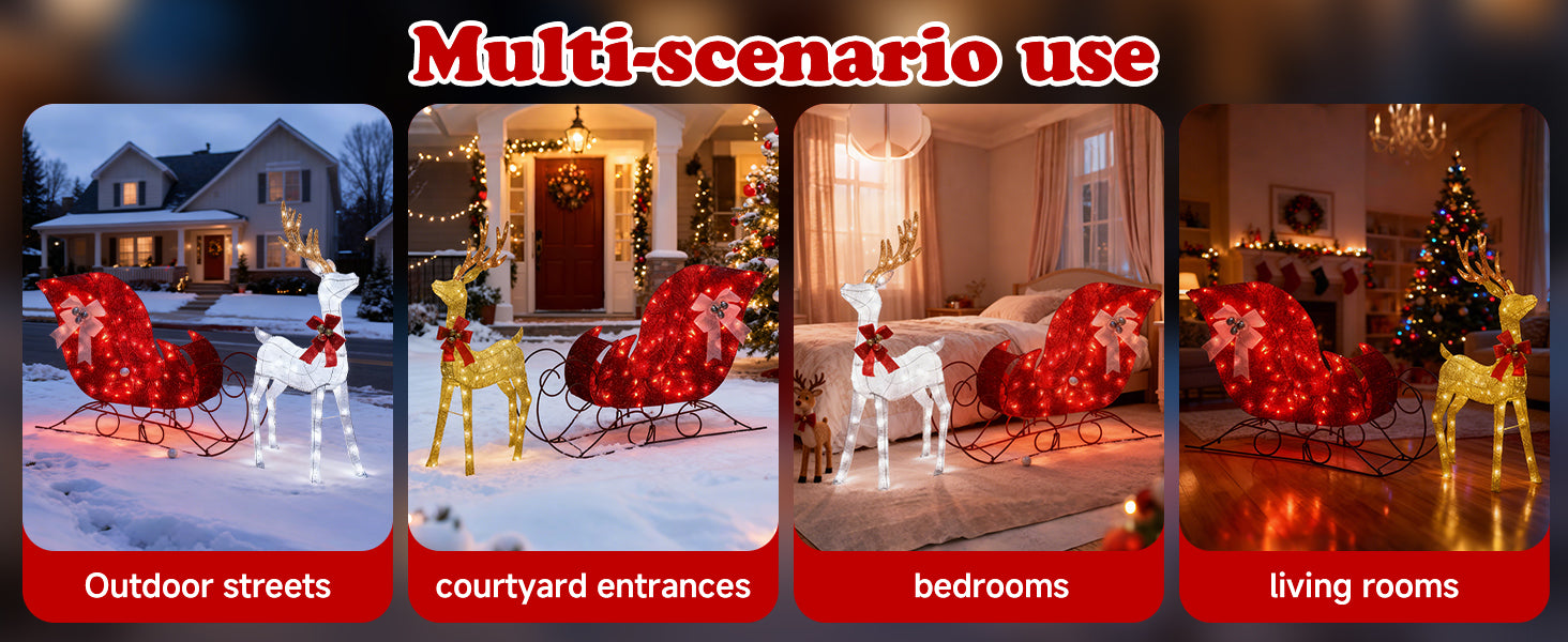 ライト付きクリスマスのトナカイとそりセット – 屋外用LED装飾