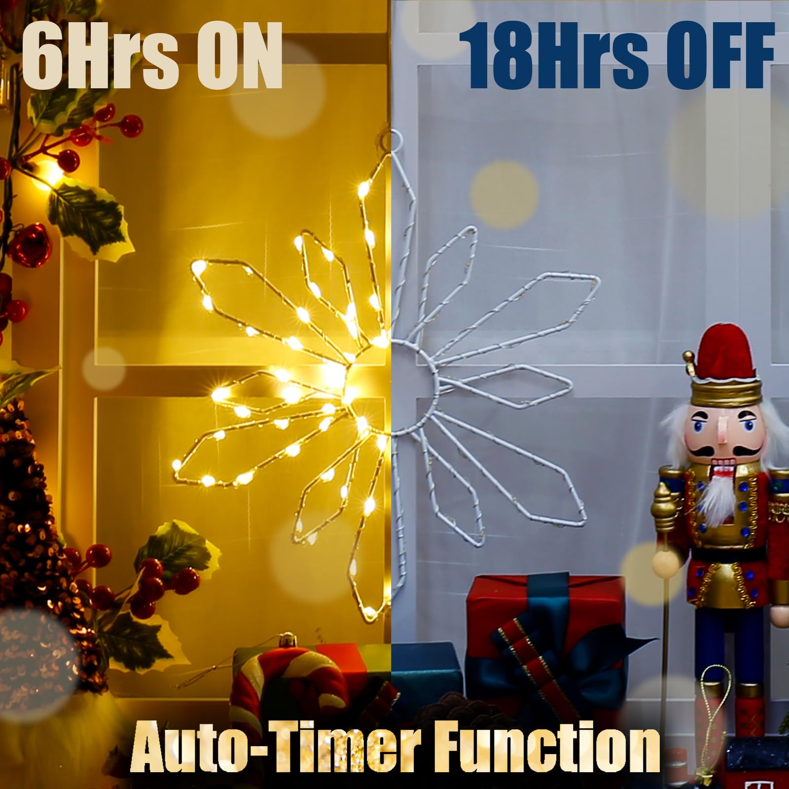 Quntis Christmas Snowflakes Window Lights Battery Operated, 3 Pack 240 LEDs Snowflake Curtain String Lights with Timer Memory, 8 Twinkle Modes Xmas House Indoor Winter Hanging Decoration, Warm White