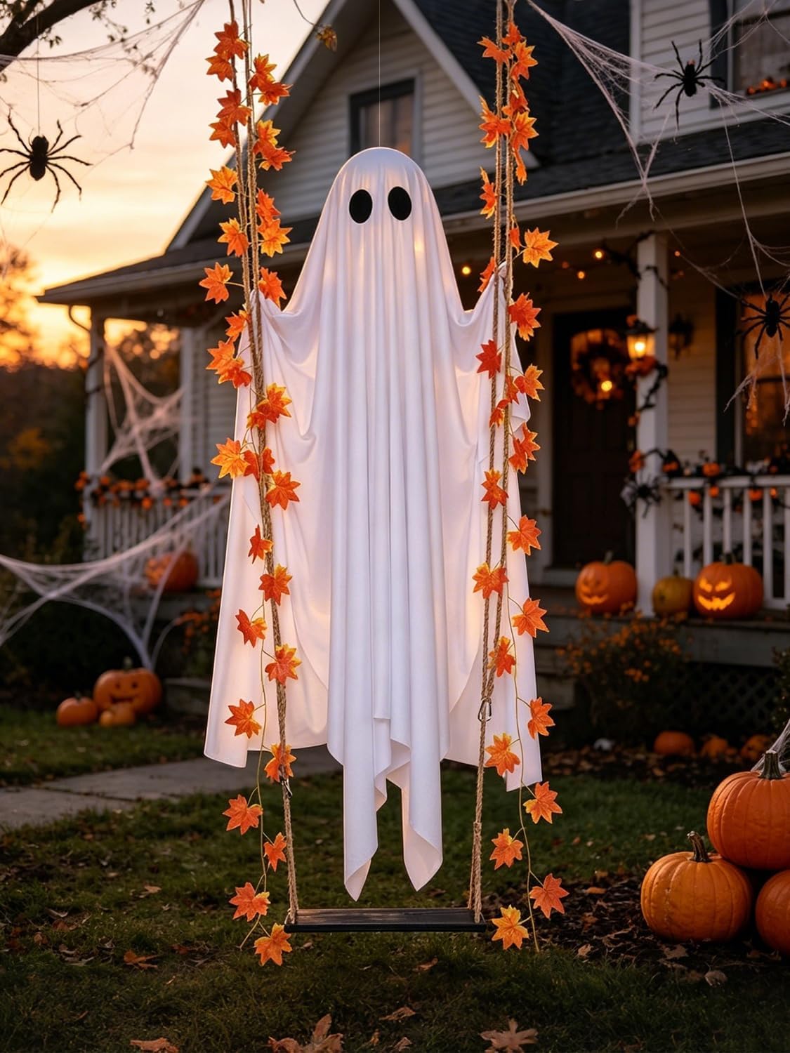 Halloween-Geisterschaukel in Ahornblattform mit Beleuchtung, wasserdichte hängende LED-Dekoration mit Fernbedienung und 8 Modi für Veranda, Hof und Garten