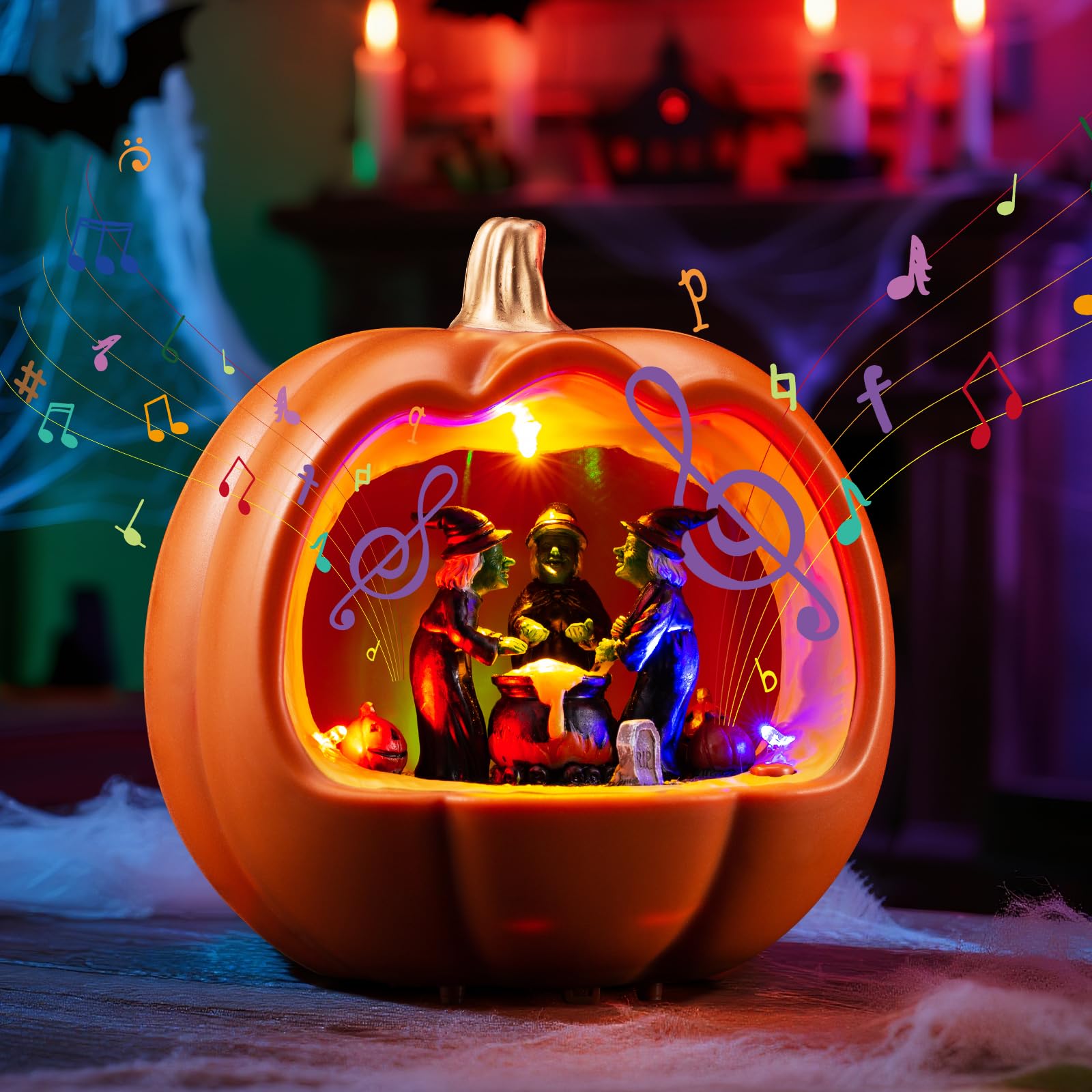 Quntis Halloween Globe Lantern 6 Inch with Pumpkin Decorations, 360° Rotating Witches, Spooky Music & Colorful Lights, Battery Operated Halloween Decorations for Indoor Party & Table Decor