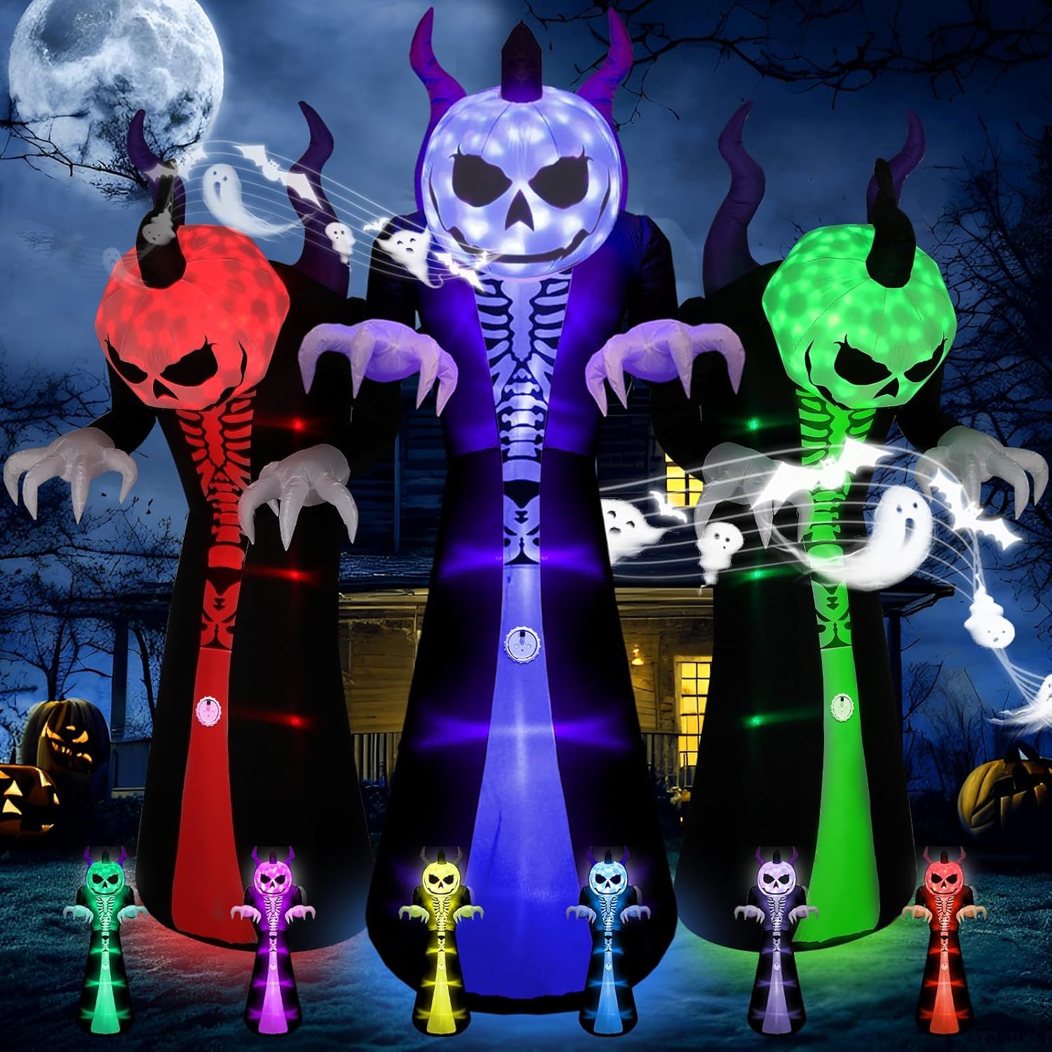 Quntis 10FT 8-Color Changing Inflatable Halloween Decorations Outdoor,Quntis Halloween Inflatables Grim Reaper Ghost Led Lighted with Scream Sound,Spooky Blow-Up Inflatable Pumpkin Ghost for Garden Yard Lawn