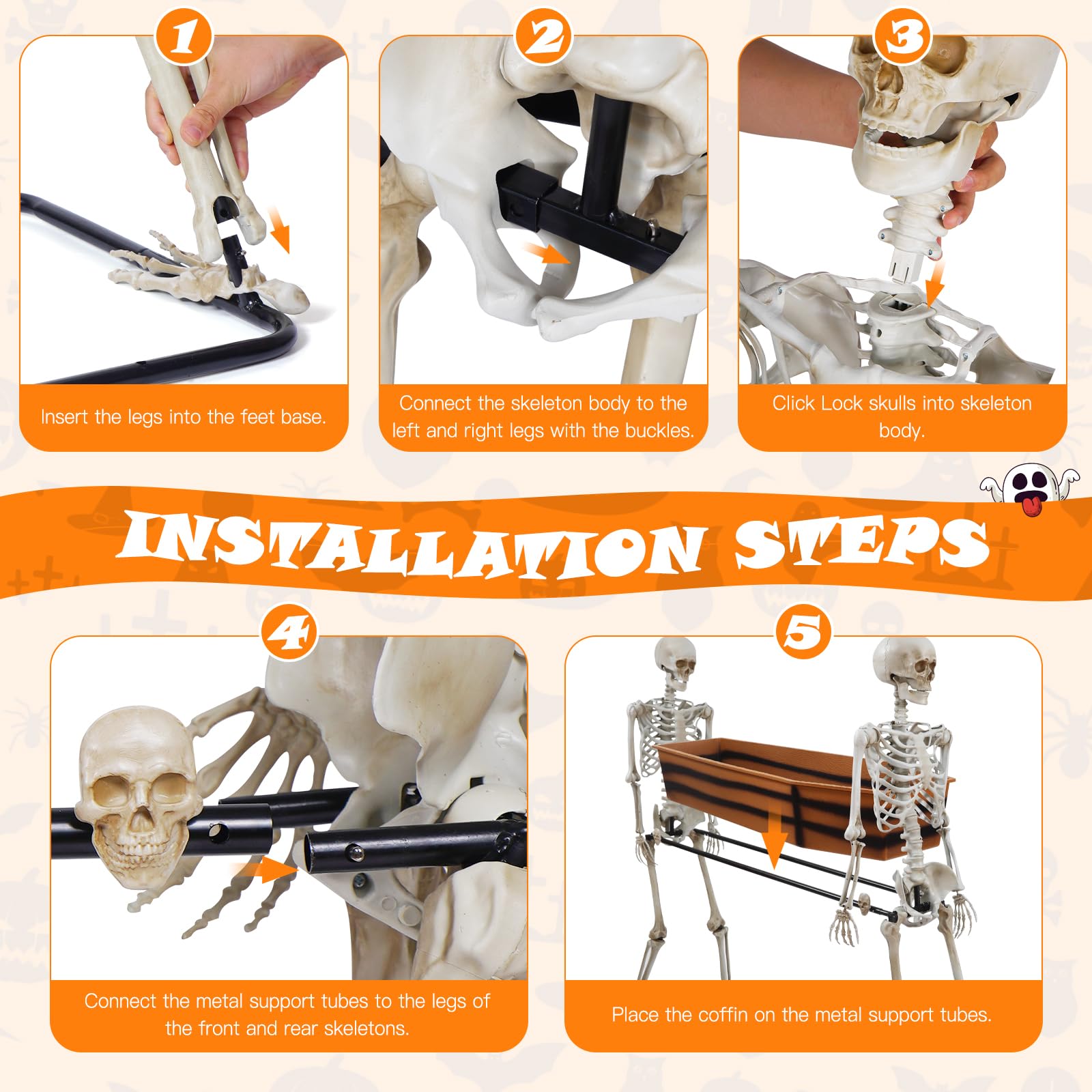 Quntis Halloween Outdoor Party Decoration - 5ft Skeleton Carrying Coffin [Last for Seasons] - Realistic Life Size Undead Pallbearers Set Drink Cooler - Spooky Graveyard Halloween Display