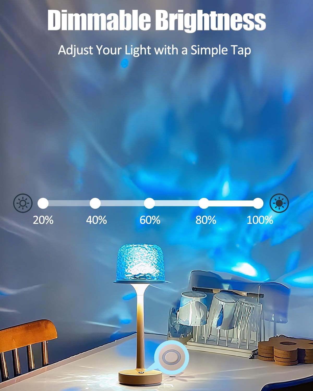 RGB Ocean Wave Projector Table Lamp, USB Rechargeable Cordless Night Light with Remote Control, Dimmable Touch Desk Lamp for Bedroom, Living Room, Kids Room