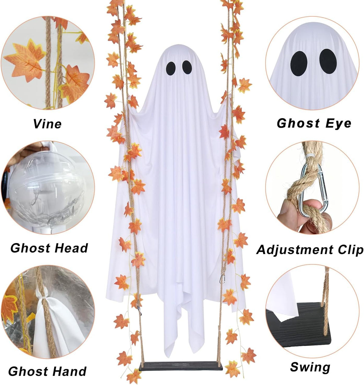 Halloween-Geisterschaukel in Ahornblattform mit Beleuchtung, wasserdichte hängende LED-Dekoration mit Fernbedienung und 8 Modi für Veranda, Hof und Garten