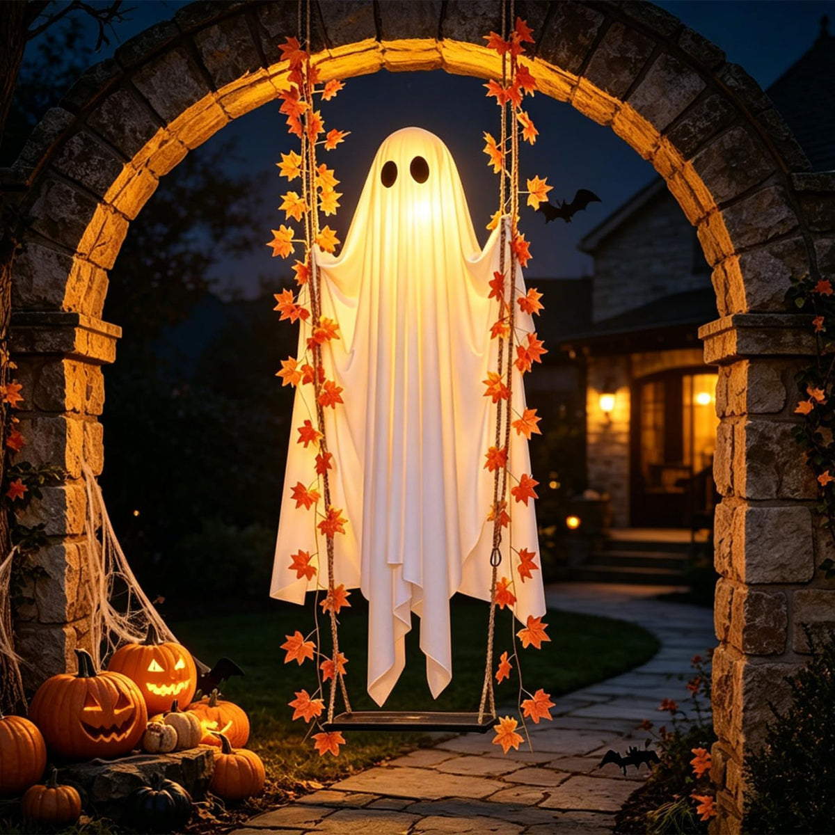 Halloween-Geisterschaukel in Ahornblattform mit Beleuchtung, wasserdichte hängende LED-Dekoration mit Fernbedienung und 8 Modi für Veranda, Hof und Garten
