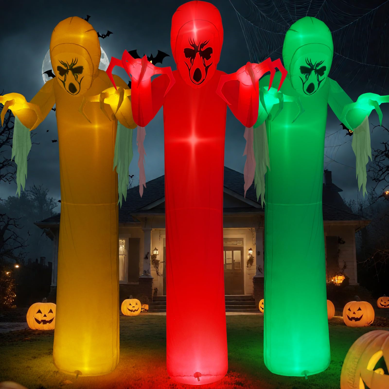 Quntis 12FT Giant Halloween Inflatable with Flowing Gauze, 7-Mode Color Changing RGB Lights, Scary White Ghost Halloween Blow Up Yard Decorations Outdoor for Lawn Garden Porch Party