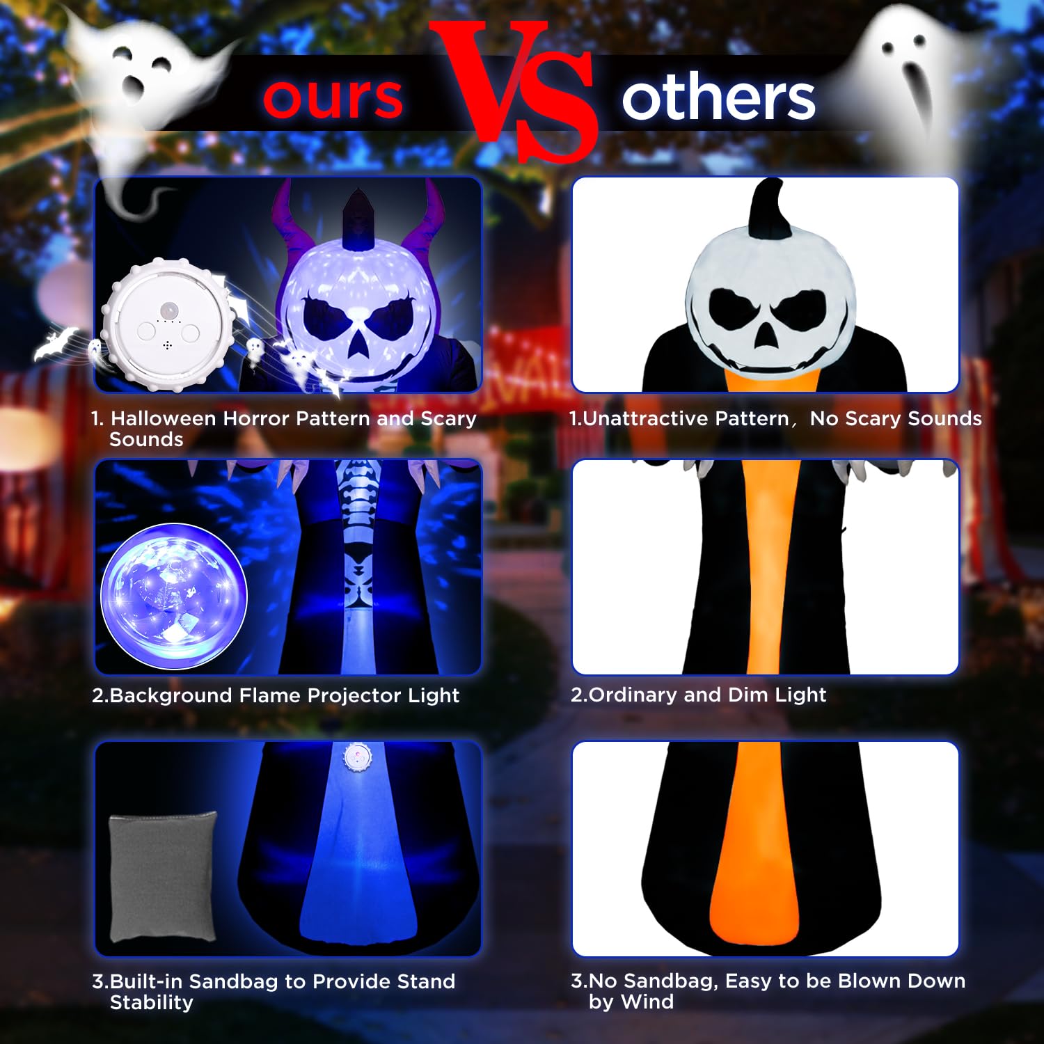 10FT Halloween Inflatable Grim Reaper Ghost – Screaming Horn, Flame Projection, and Pumpkin Head, Outdoor Blow-Up Yard Decoration for Lawn and Garden