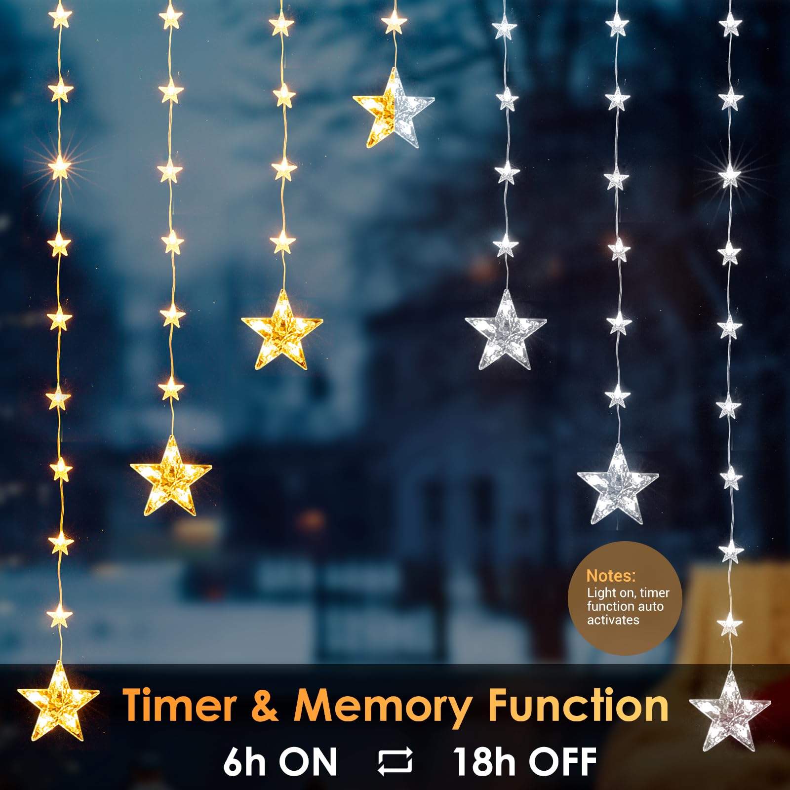 Quntis Christmas Star Window Lights, 1.5m 46 Led Star Curtain Lights 8 Modes Ip65 Waterproof Warm White & RGB Fairy Lights Battery Operated for Indoor Outdoor Home Bedroom Garden Party Decoration