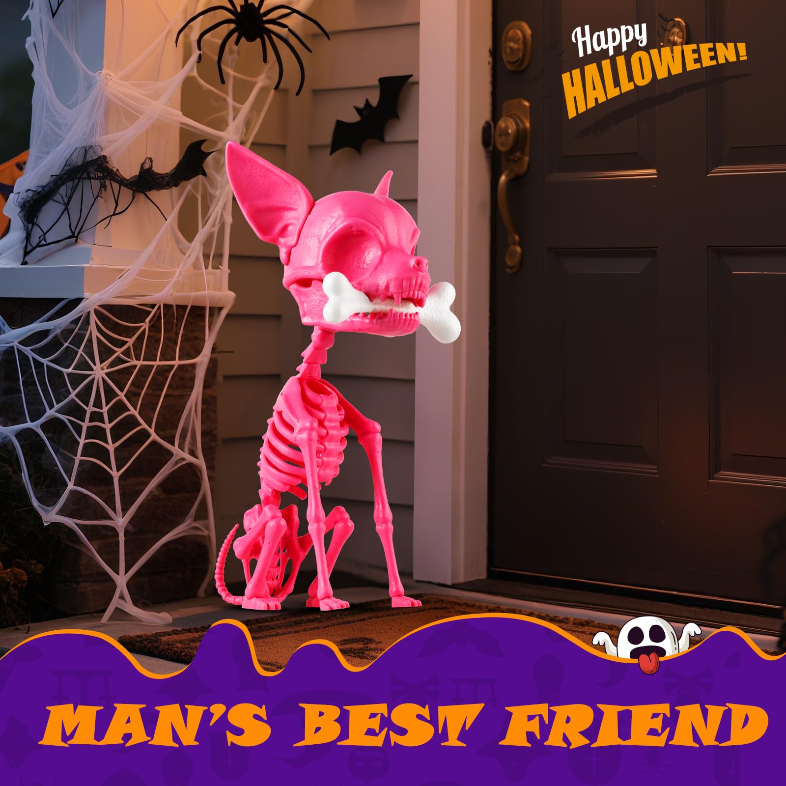 Quntis Halloween Skeleton Dog Decor - 15inch Pink Cute Puppy Bones - Realistic ABS Animal Skeleton for Outdoor Indoor Graveyard Party Display, 2025 Showstopper Halloween Decorations