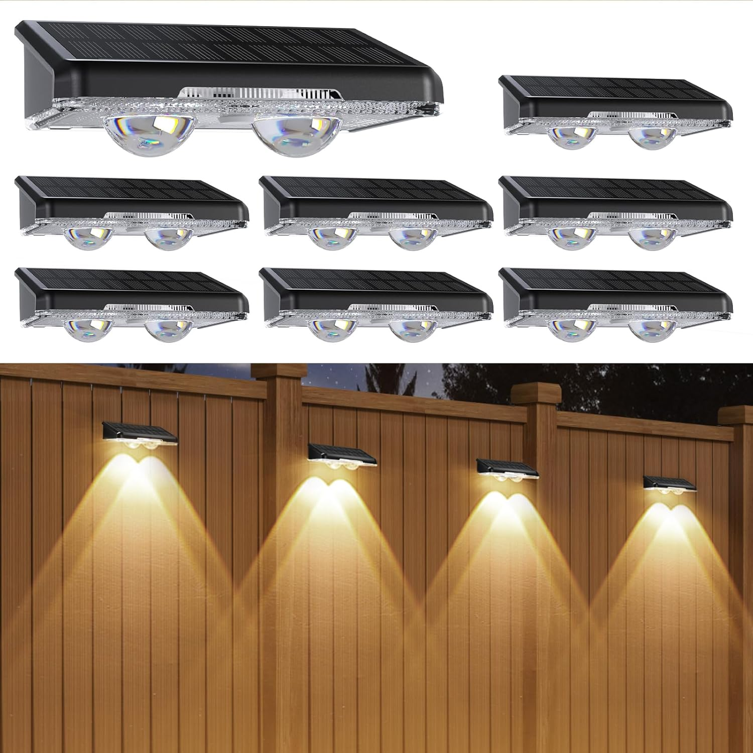 Quntis Outdoor Solar Wall Lights, 8 Pack Solar Fence Lights Warm White & 11 RGB Modes IP64 Waterproof Wireless Stick On Wall Lamps for Outside Garden Front Door Deck Stair Yard Railing Patio Decor