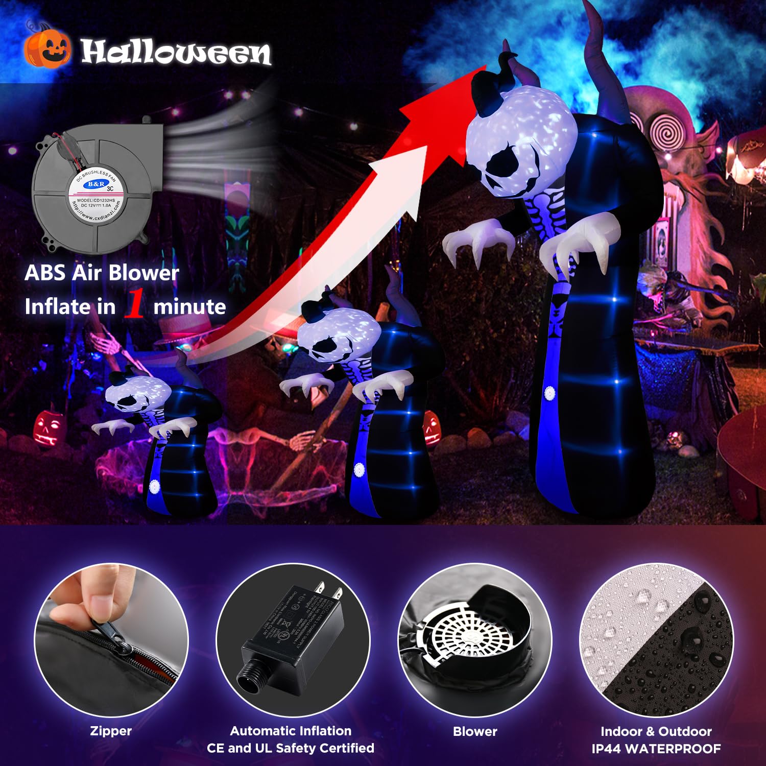 10FT Halloween Inflatable Grim Reaper Ghost – Screaming Horn, Flame Projection, and Pumpkin Head, Outdoor Blow-Up Yard Decoration for Lawn and Garden