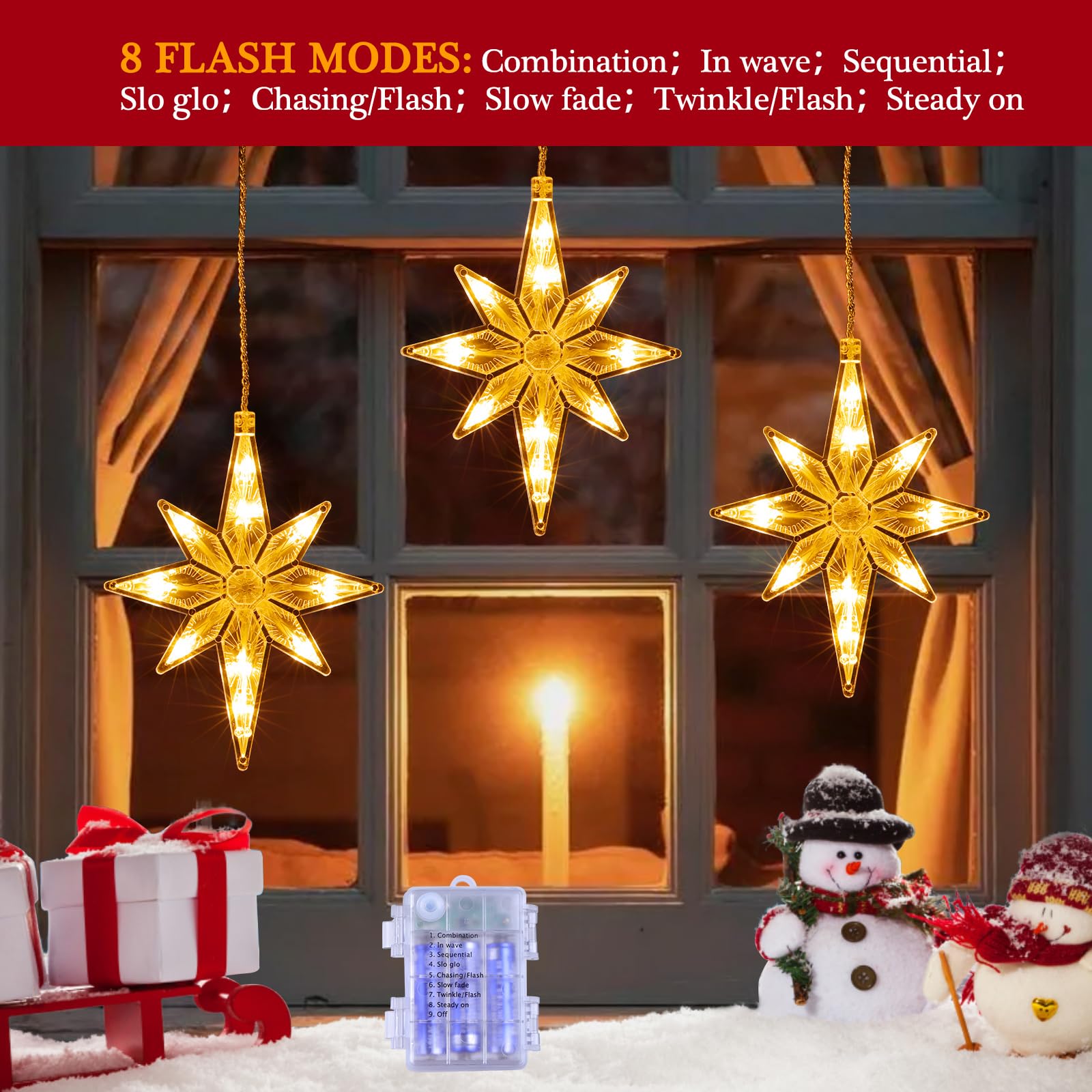 Quntis 3-in-1 クリスマススターライト – LED 屋内外用クリスマスライト、窓、キッチン、リビングルーム、ダイニングルーム用、暖かい白