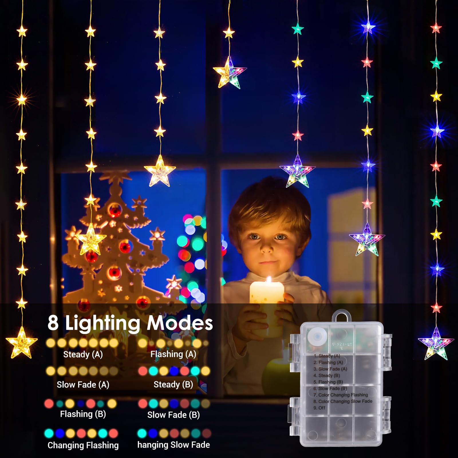 Quntis Christmas Star Window Lights, 1.5m 46 Led Star Curtain Lights 8 Modes Ip65 Waterproof Warm White & RGB Fairy Lights Battery Operated for Indoor Outdoor Home Bedroom Garden Party Decoration