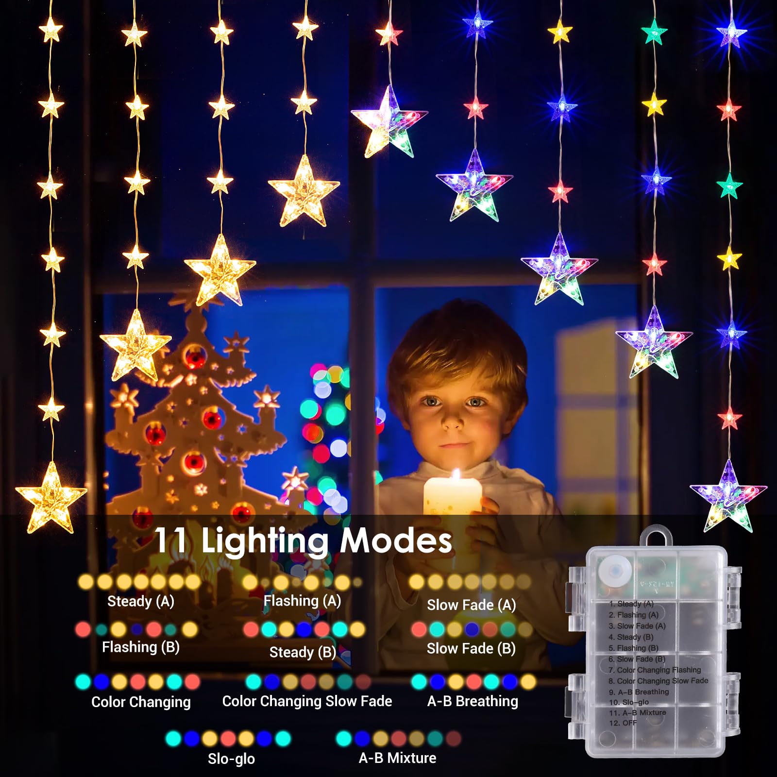 Quntis Christmas Curtain Lights Color Changing, 76LED 9 Stars Battery Operated Christmas Window Lights with Timer & 11 Mode, Waterproof Star Light String for Diwali Christmas Decoration Outdoor Indoor