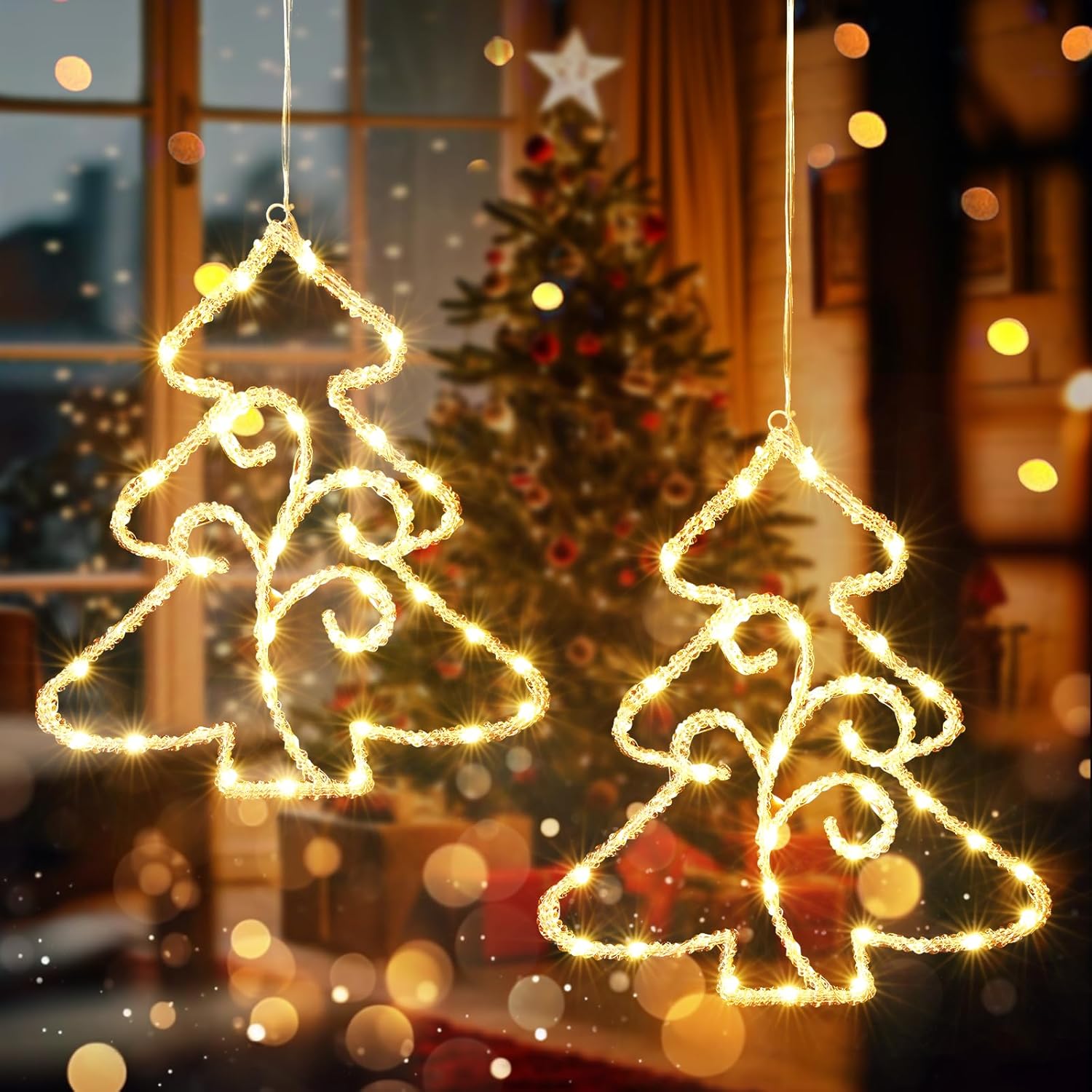 Quntis 2 Stück Weihnachtsfensterlichter, 14,5 Zoll Kristall funkelnde Weihnachtsfensterlichter batteriebetrieben mit Timer, 70 LED Weihnachtsfensterhängelichter