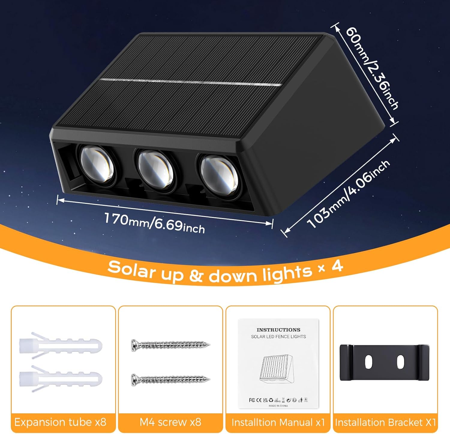 Quntis RGBCW Solar Fence Lights (4 Pack), 6-LED Up and Down Outdoor Wall Lights, IP65 Waterproof Wireless Solar Powered Sconces for Garden, Yard, Patio, and Pathway Decor