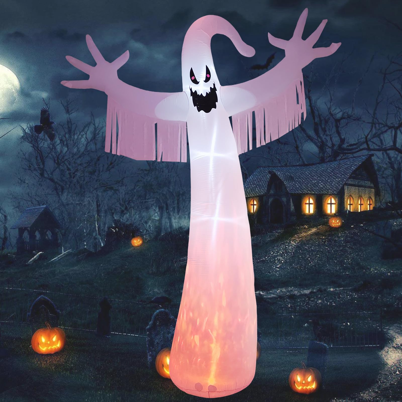 12FT Halloween Inflatables Outdoor Decorations: Inflatable Ghost with Fire Flame and Blinking Red Eyes, Blow up Decor for Yard Garden Lawn Home Holiday Party