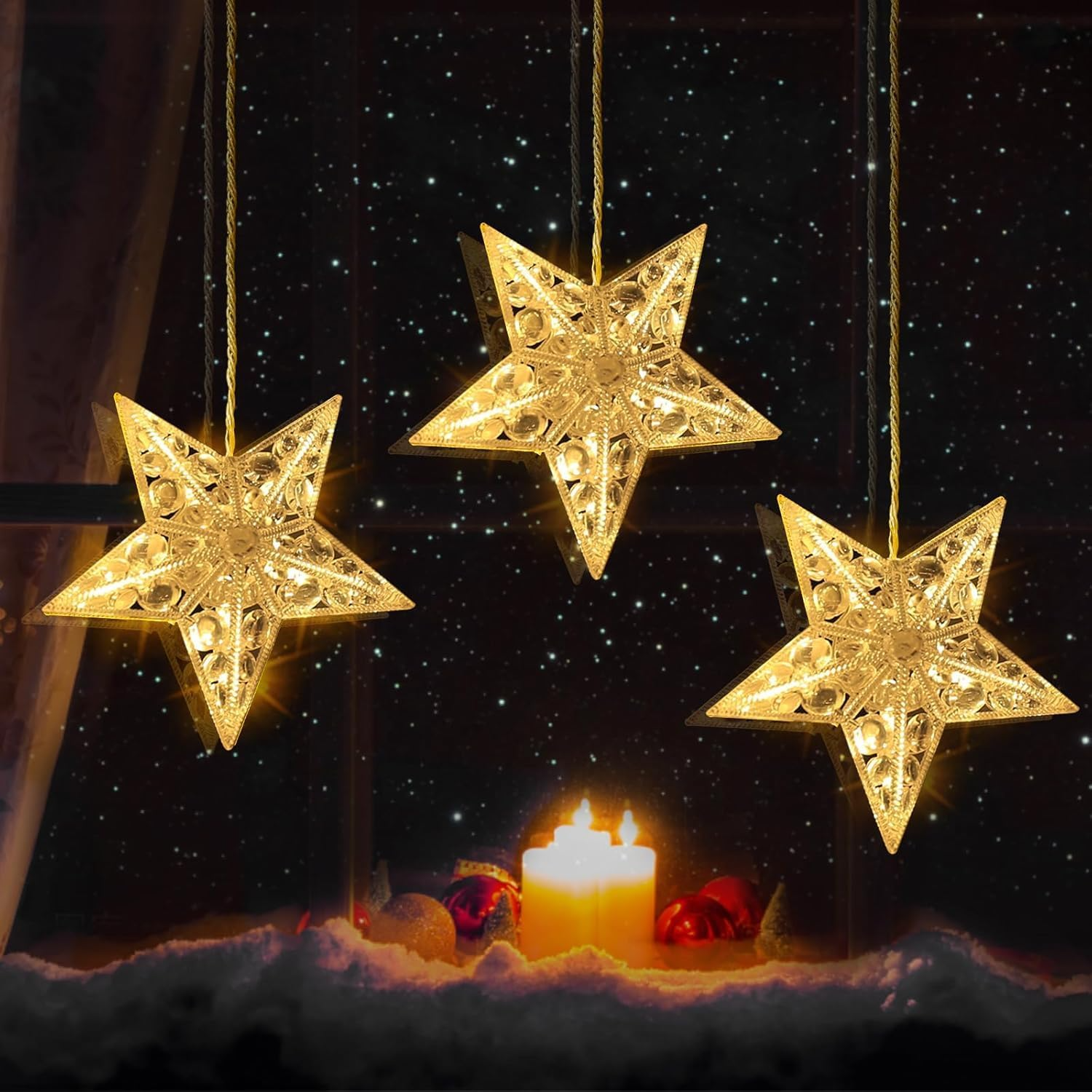 Quntis 3 Sterne Weihnachts-Diamant- und Kristallfensterlichter (30 LEDs) – 8 Beleuchtungsmodi für funkelnde Weihnachtslichter, perfekt für die Feiertagsdekoration und für den Innen- und Außenbereich.