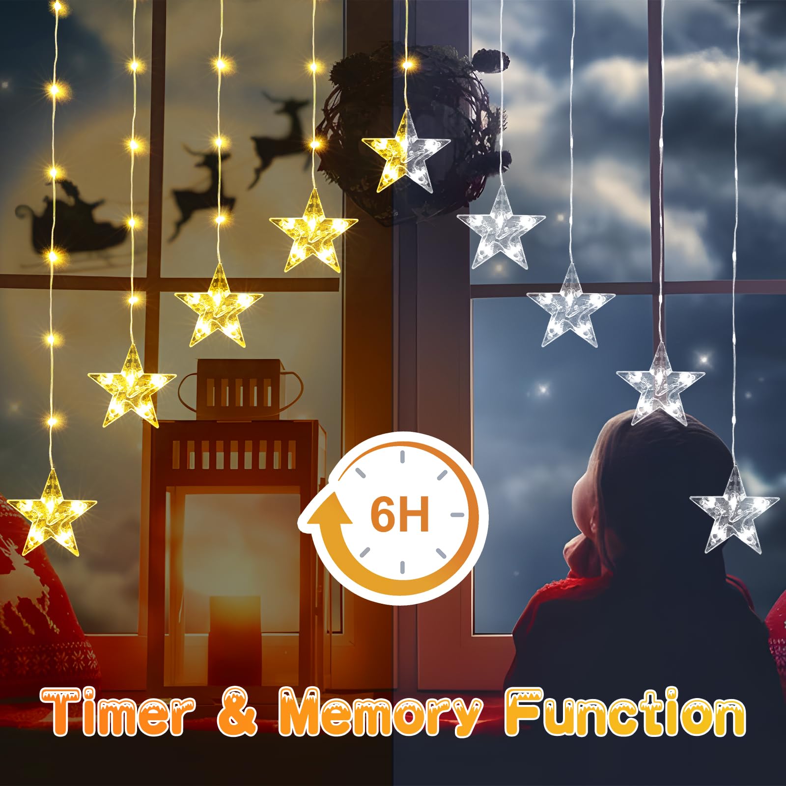 Quntis Christmas Curtain Lights Color Changing, 76LED 9 Stars Battery Operated Christmas Window Lights with Timer & 11 Mode, Waterproof Star Light String for Diwali Christmas Decoration Outdoor Indoor