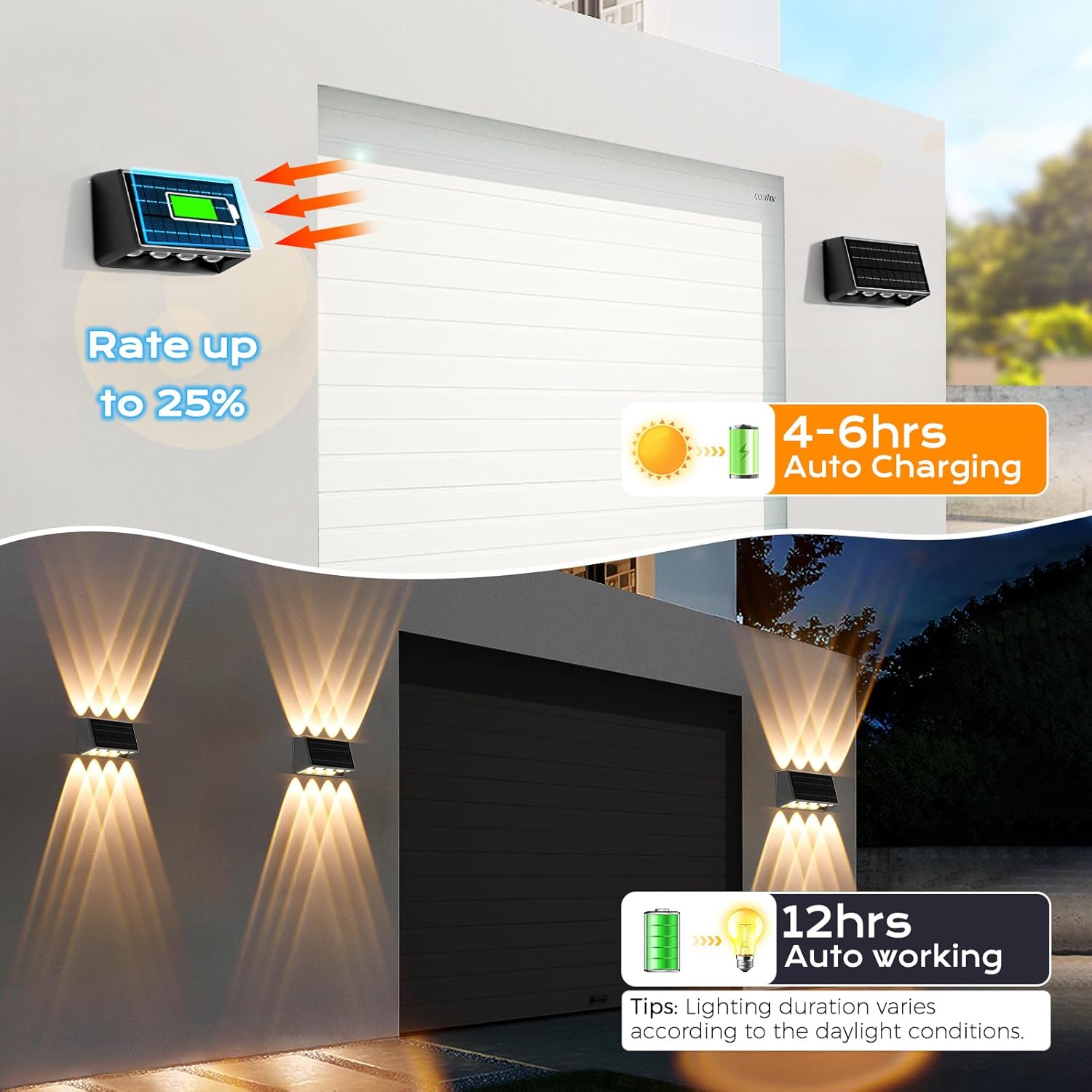 Quntis 6-Pack RGBCW Solar Fence Lights, Up and Down Wall Lights, 8 LED, 13 Color Modes, IP65 Waterproof, Outdoor Solar Lights for Garden, Porch, Yard, Stairs