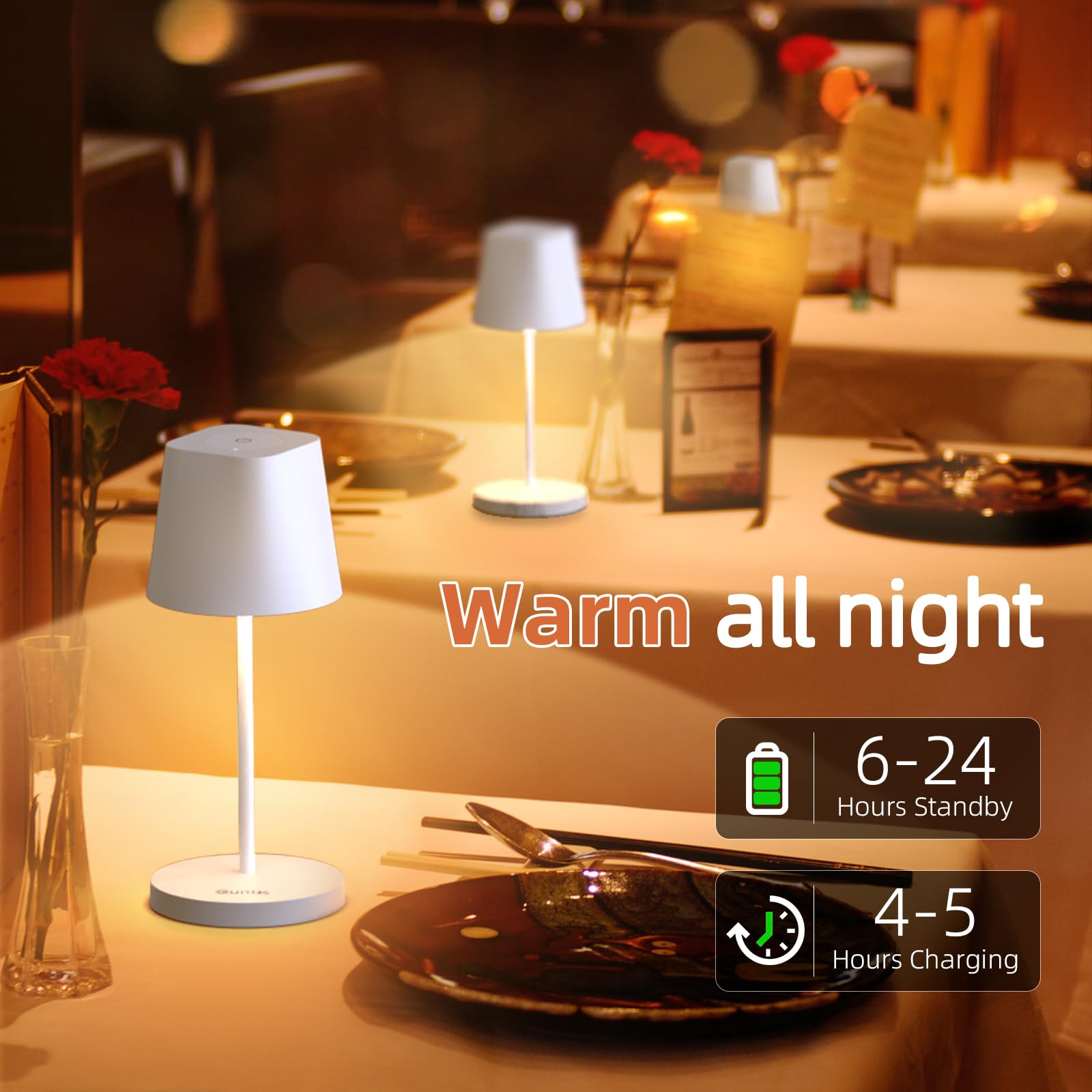 Quntis Cordless LED Table Lamp with Dimmer, Built-in Rechargeable Battery, Stepless Brightness Dimming, Ambient Light for Restaurant, Bedside Night Lamp, Waterproof Outdoor Lamps for Patio, Camping