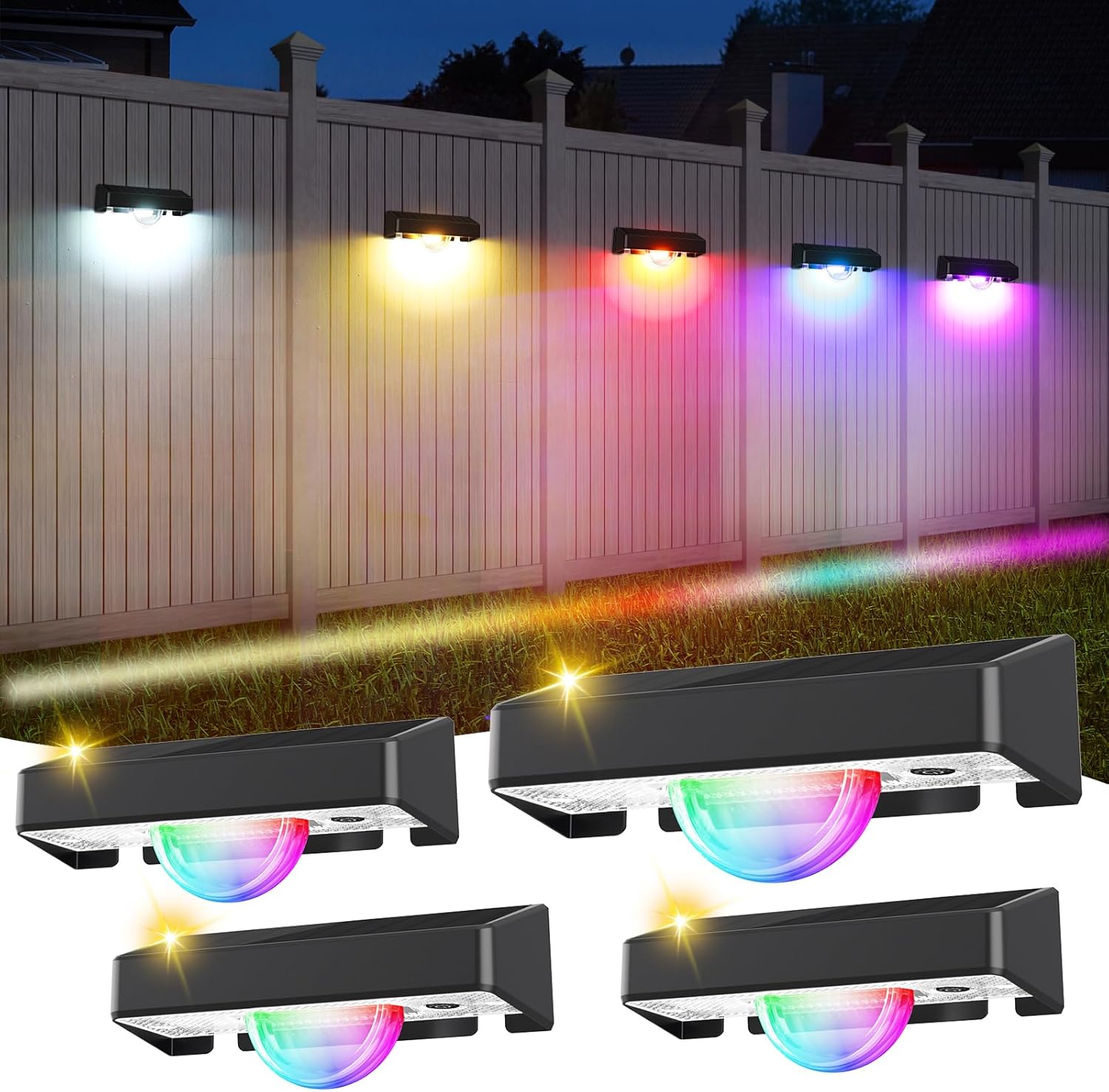 Quntis RGBCW Solar Fence Lights 4PCS, 11 Color Changing Outdoor Solar Lights with Decorative Beam, Waterproof Outdoor Wall Light, Auto On/Off Deck Lights for Garden Patio Porch Yard Railing Step