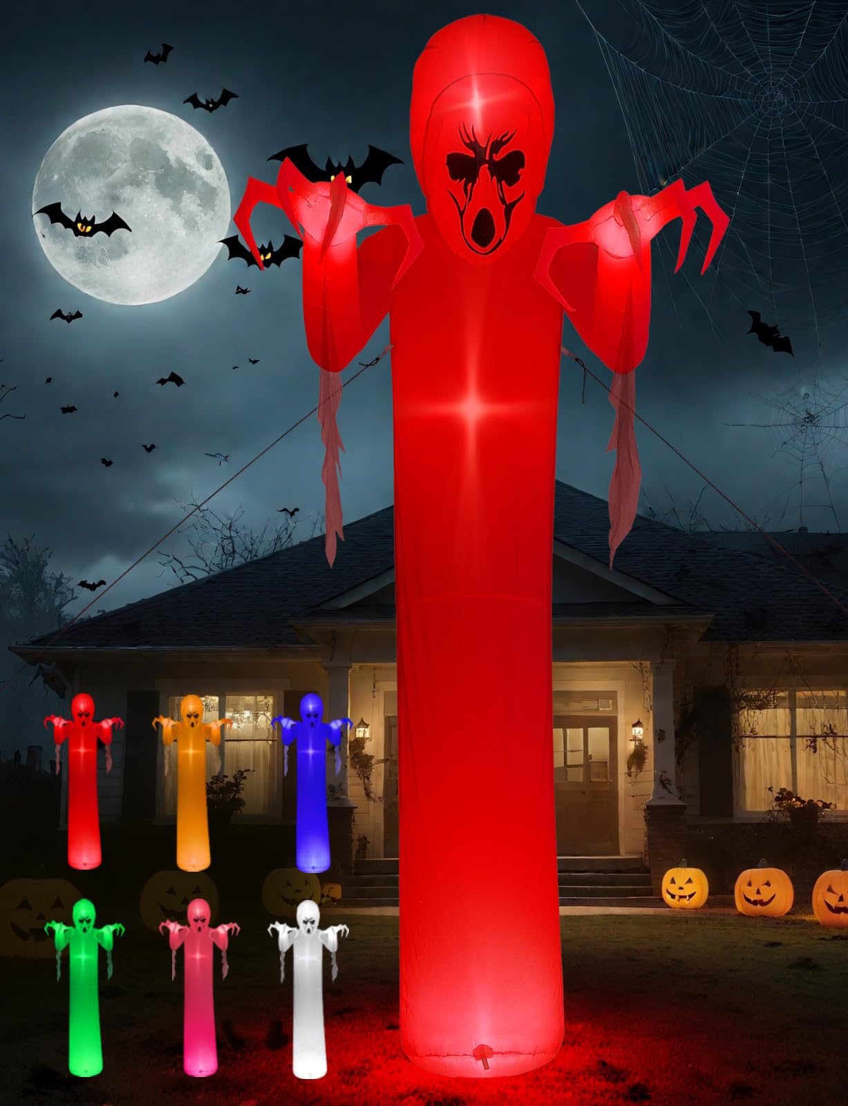 Quntis 12FT Giant Halloween Inflatable with Flowing Gauze, 7-Mode Color Changing RGB Lights, Scary White Ghost Halloween Blow Up Yard Decorations Outdoor for Lawn Garden Porch Party