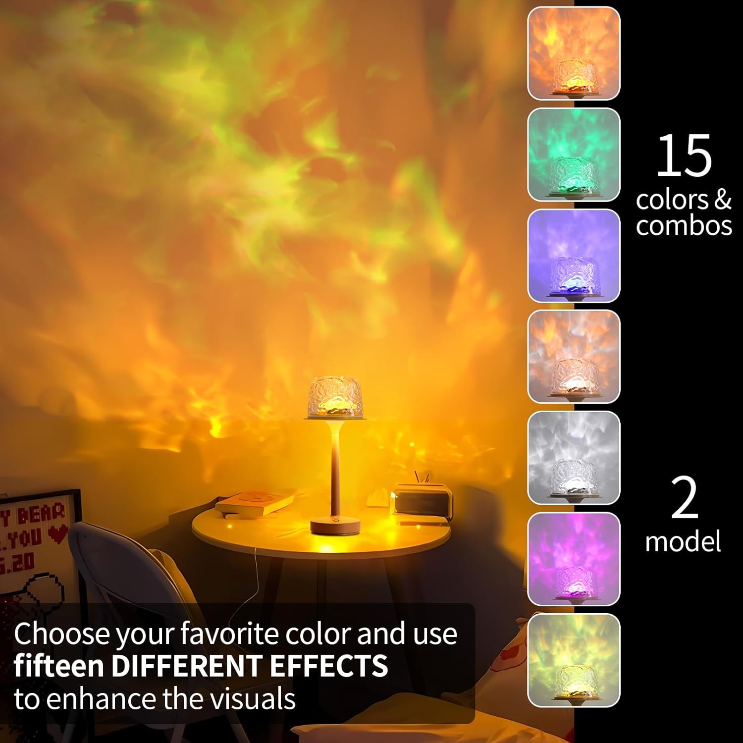 RGB Ocean Wave Projector Table Lamp, USB Rechargeable Cordless Night Light with Remote Control, Dimmable Touch Desk Lamp for Bedroom, Living Room, Kids Room